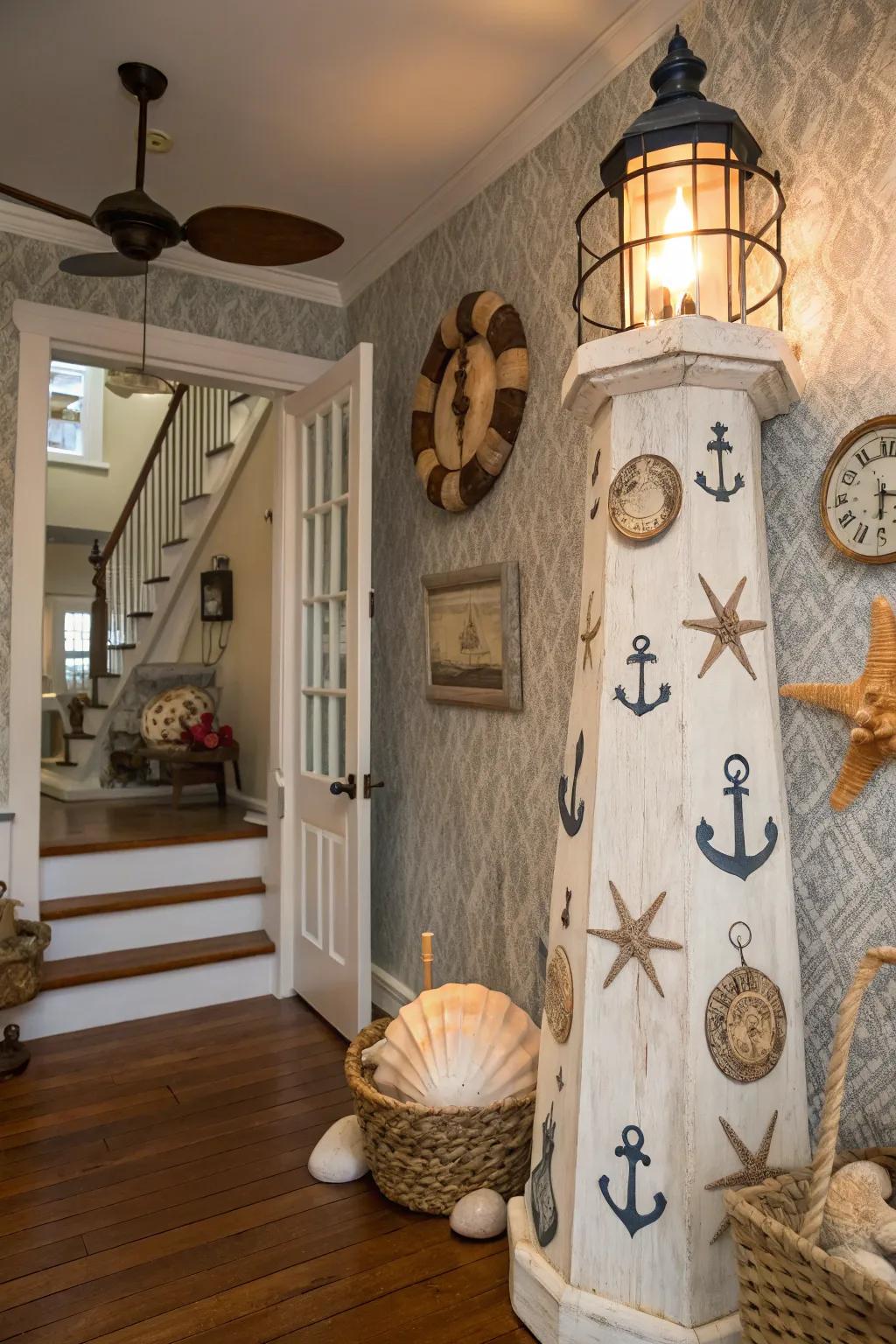 A beacon tower accent welcoming guests with maritime warmth.