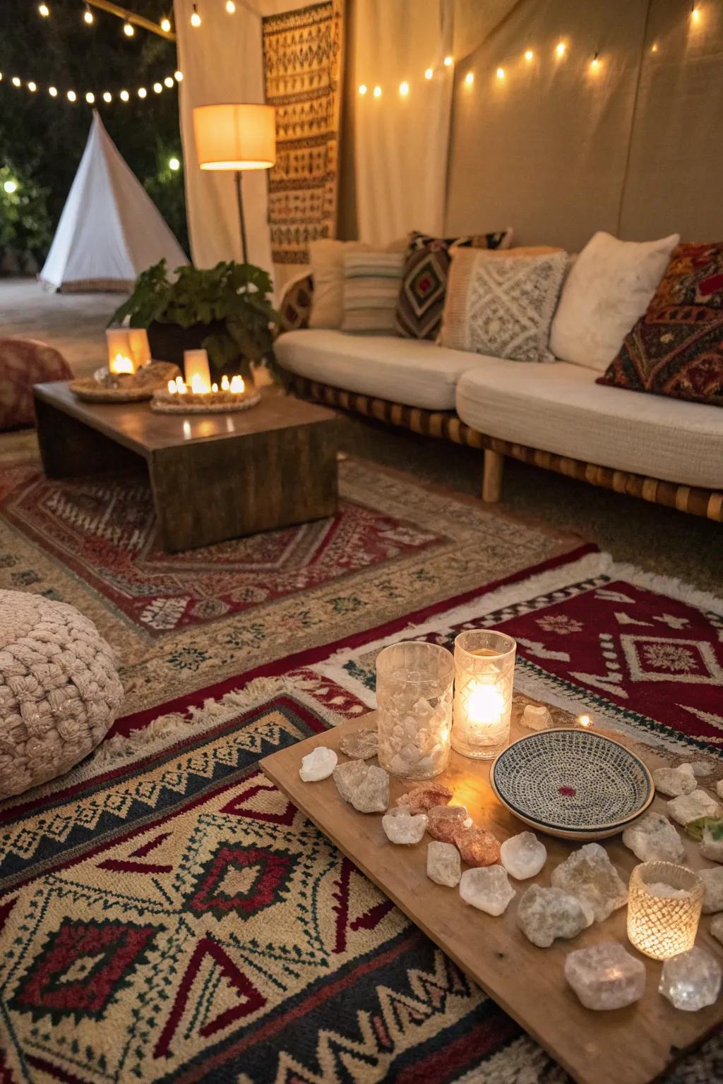 Layering floor coverings and cushions introduces texture and warmth to your crystal-themed chamber.