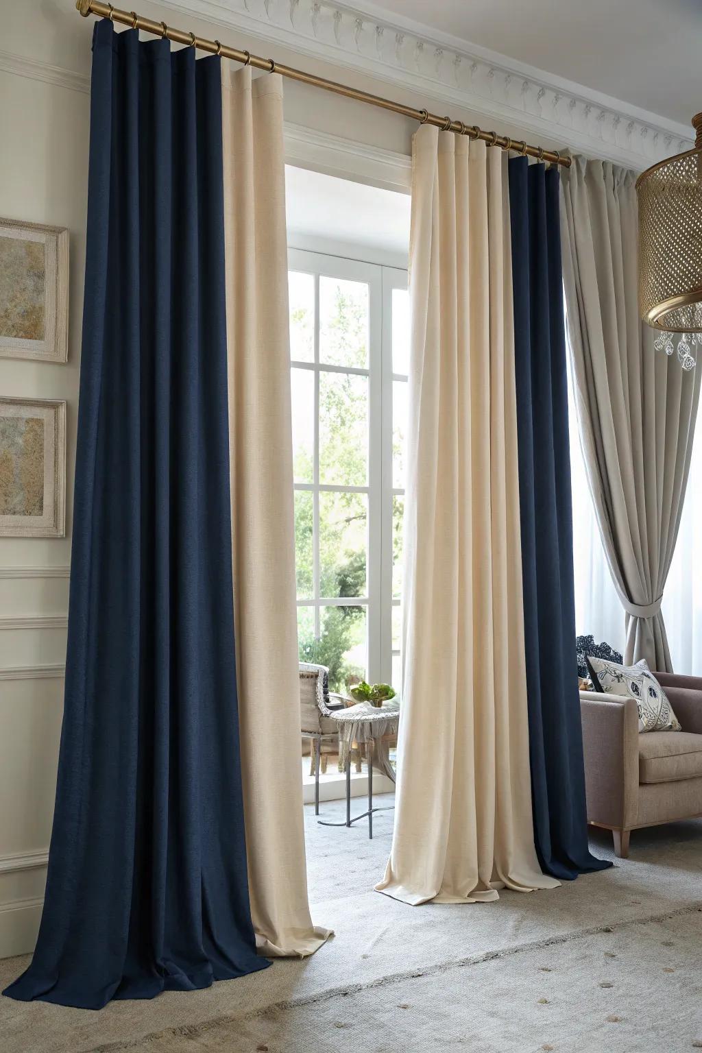 Two-tone drapes add a sophisticated element using contrasting colors.