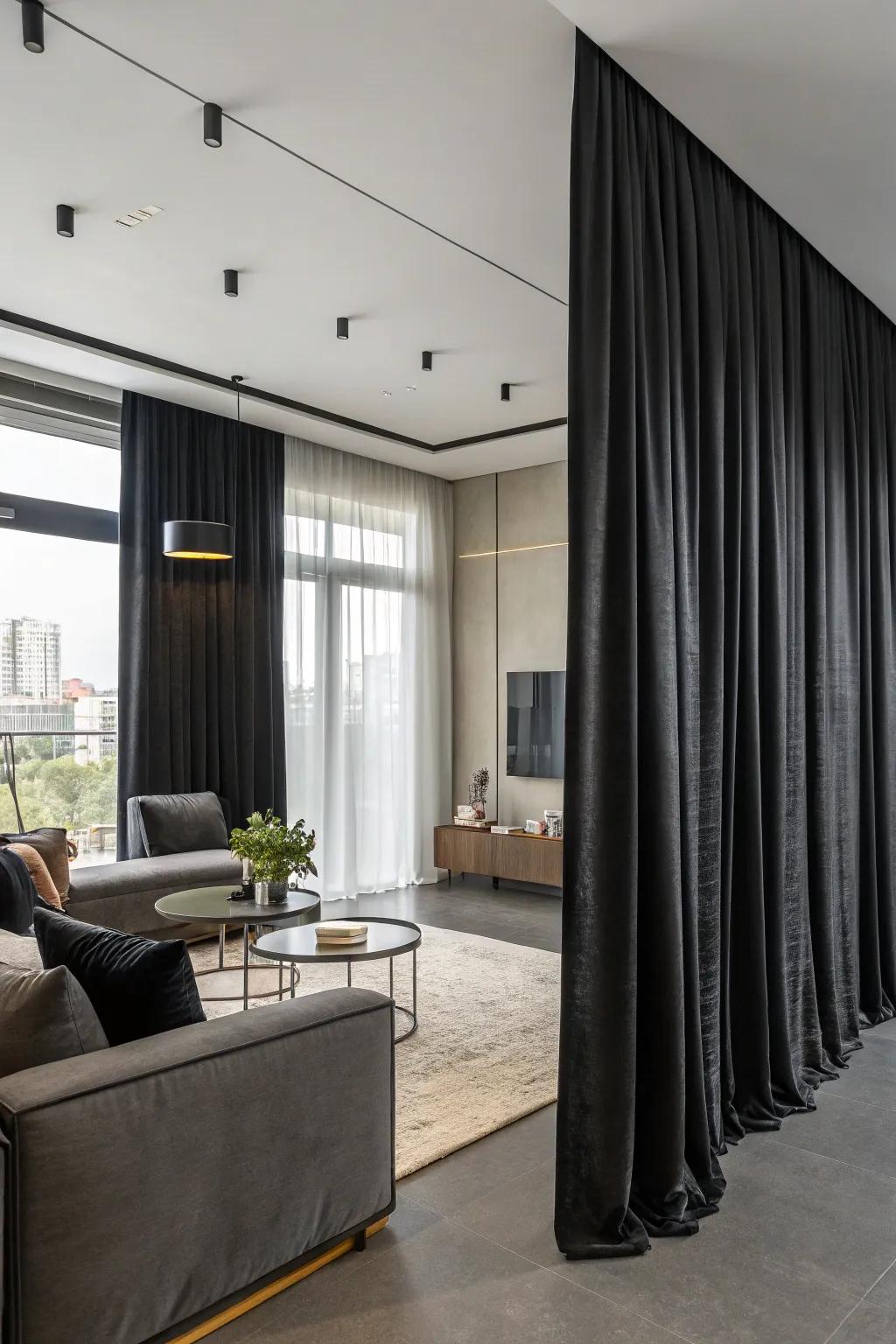 Dramatic dark curtains make a modern statement.