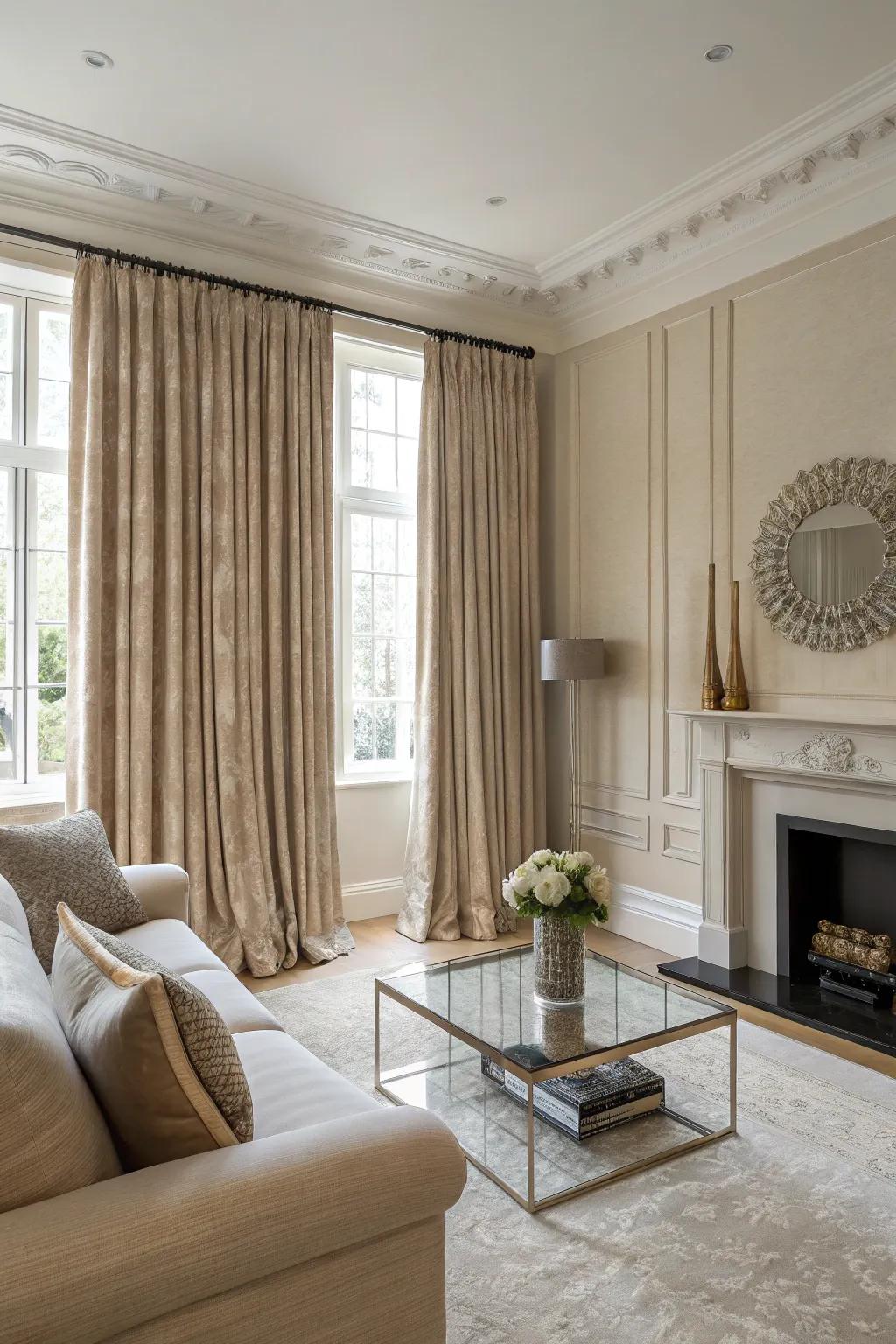Tone-on-tone coverings fashion a harmonious and elegant space.