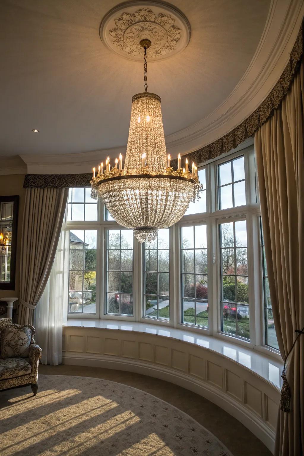 A glamorous statement chandelier above an arched bay window.