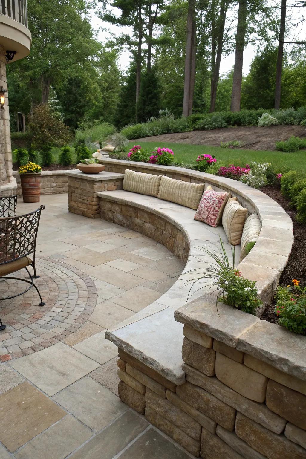 A patio featuring elegant curved retaining structures that provide support and seating.