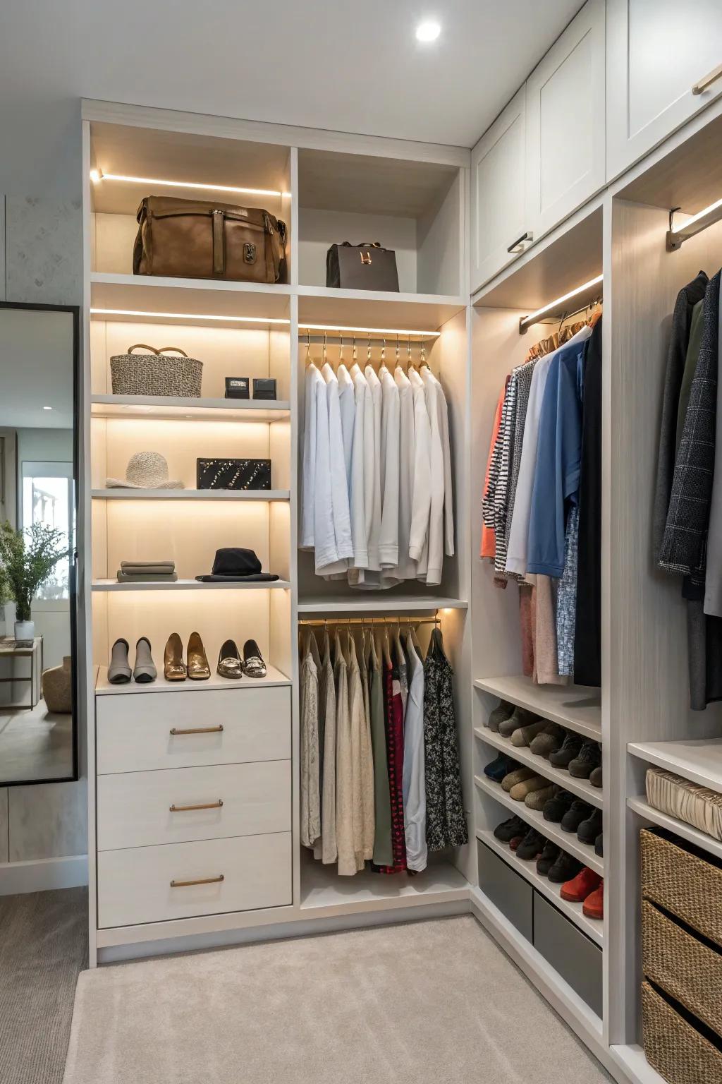 Exposed shelving blends accessibility with aesthetics.