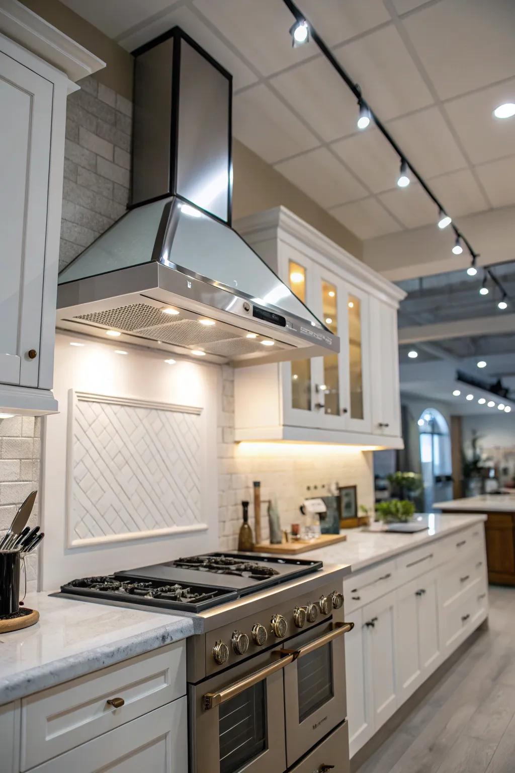 Integrated lighting within range hoods boosts kitchen ambiance.