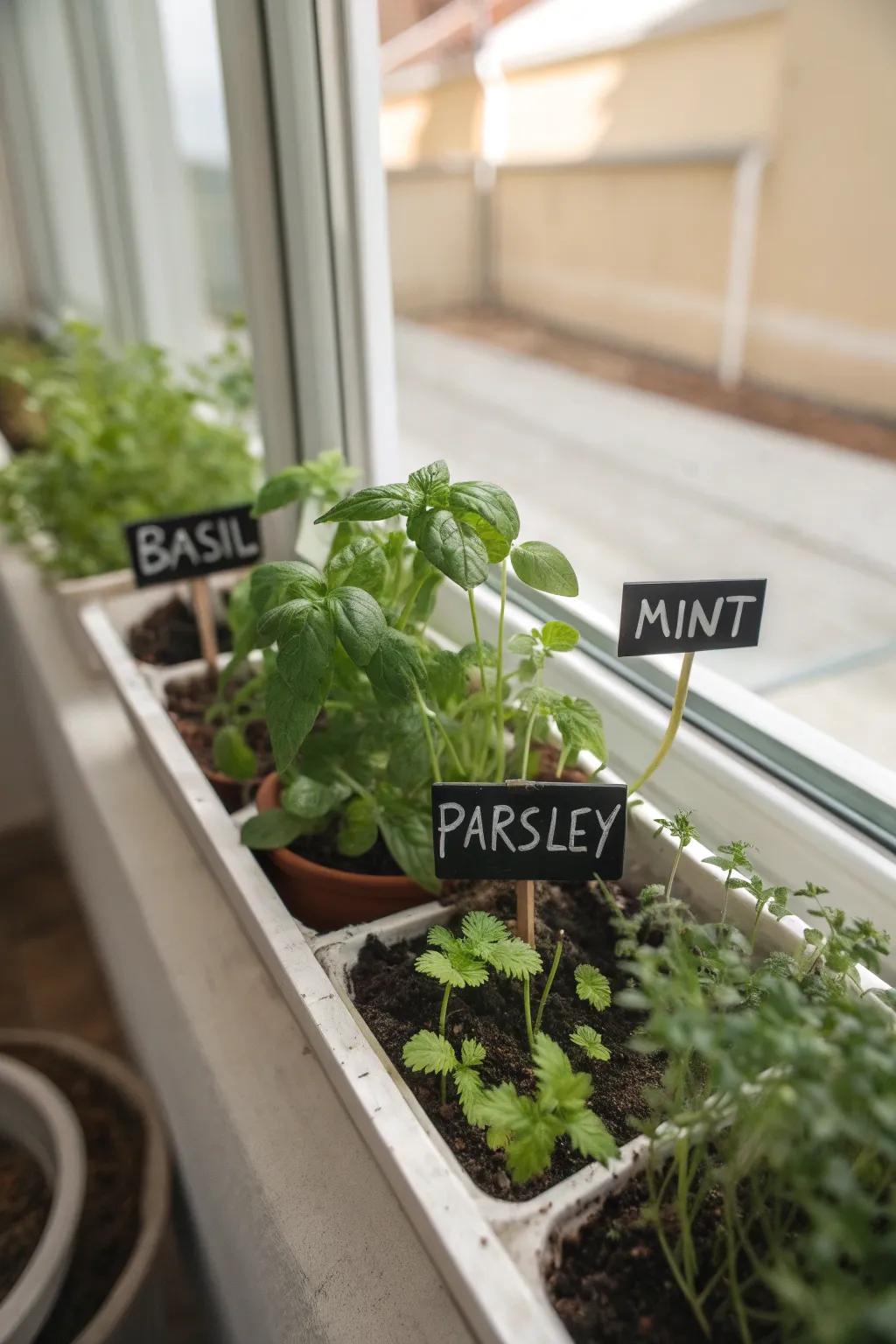 Refined chalkboard herb markers infusing charm into a kitchen window sill.