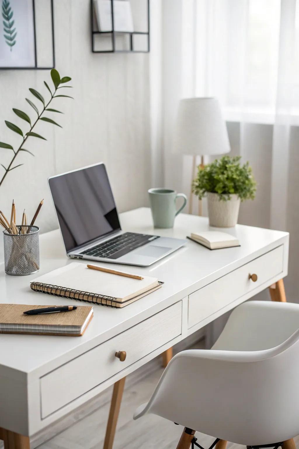 A minimalist desk with clean lines, creating a peaceful and productive setting.