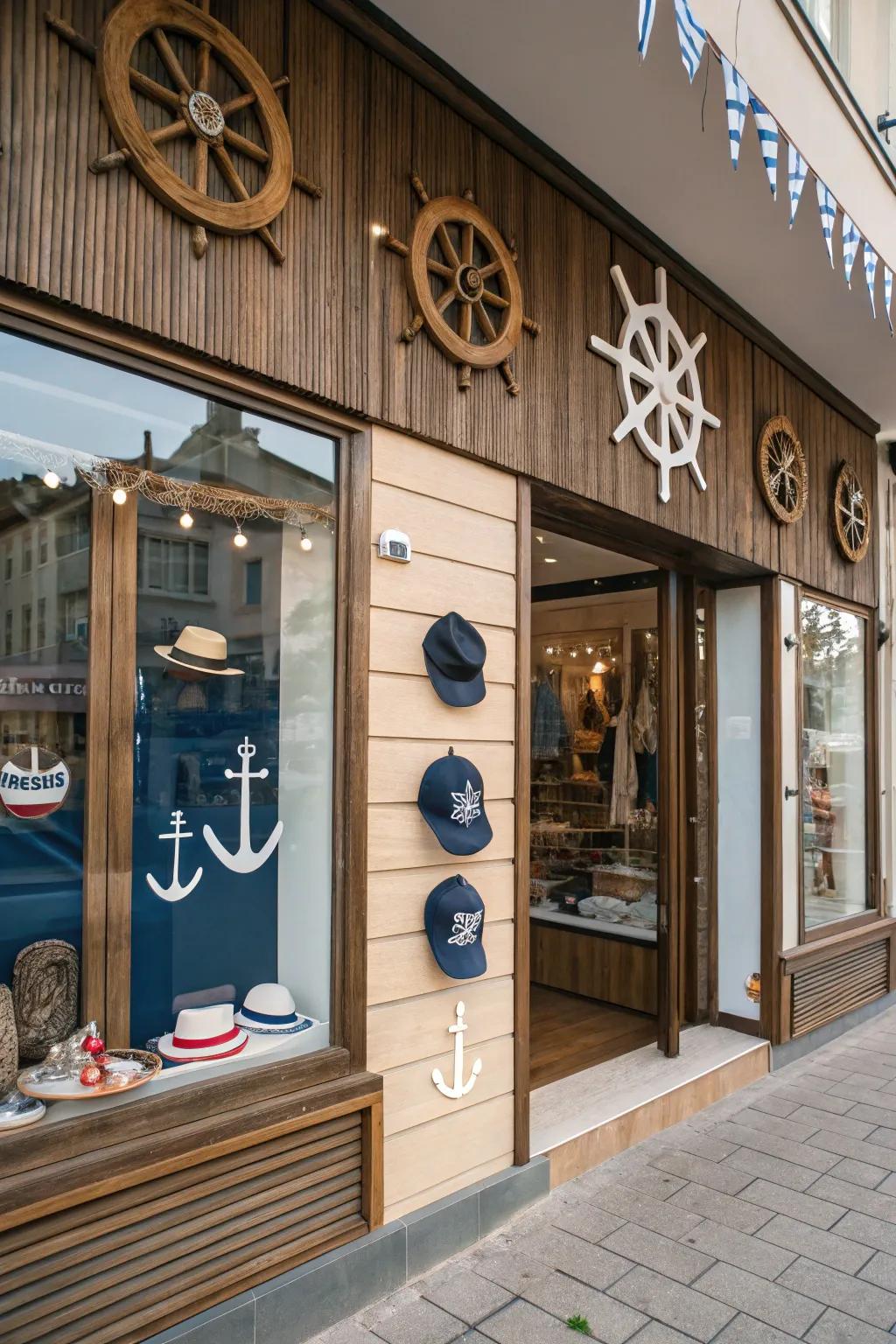 A shop front harnessing nautical-themed ornamentation to articulate a compelling brand narrative.