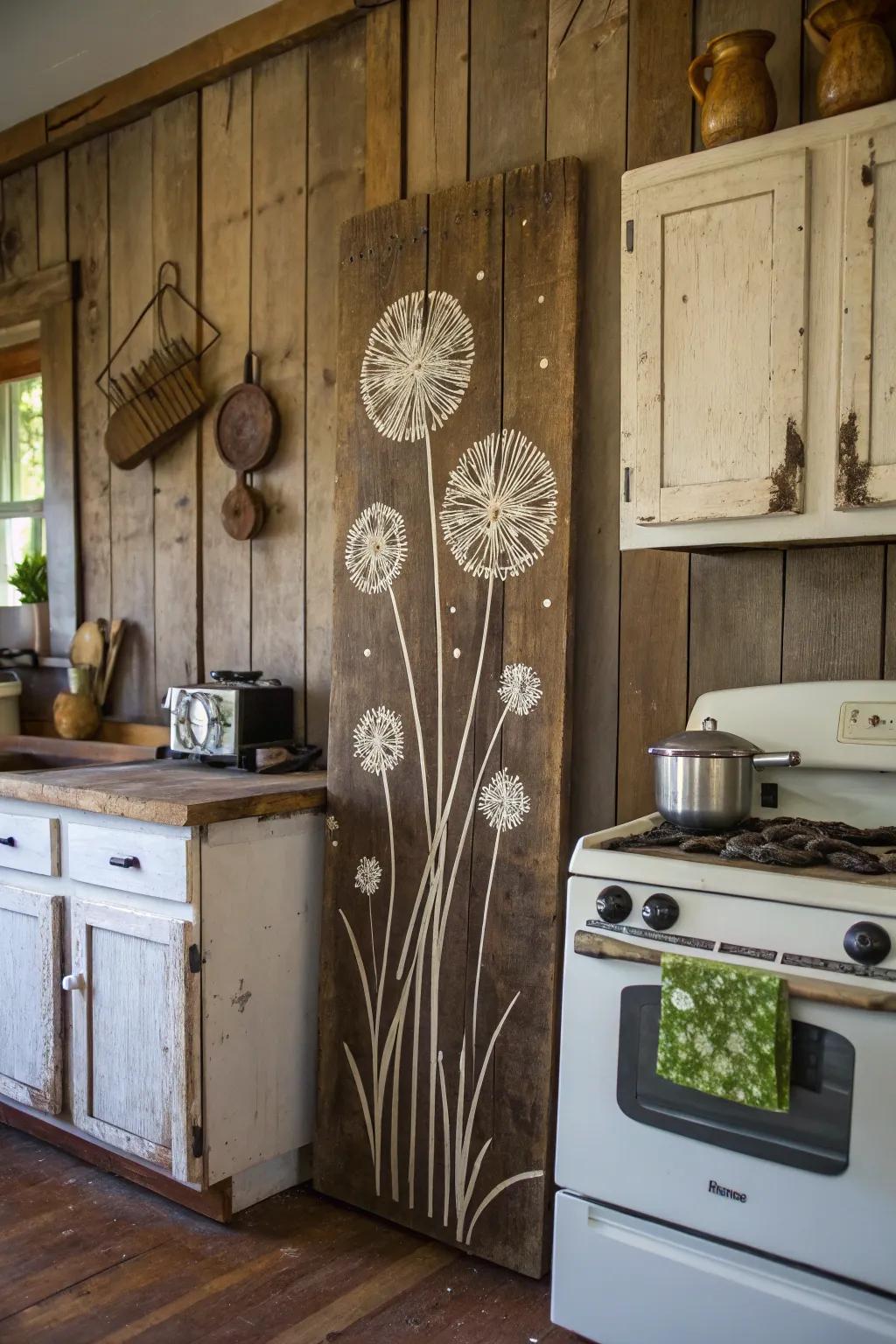 Art on reclaimed wood merges sustainability with charm.