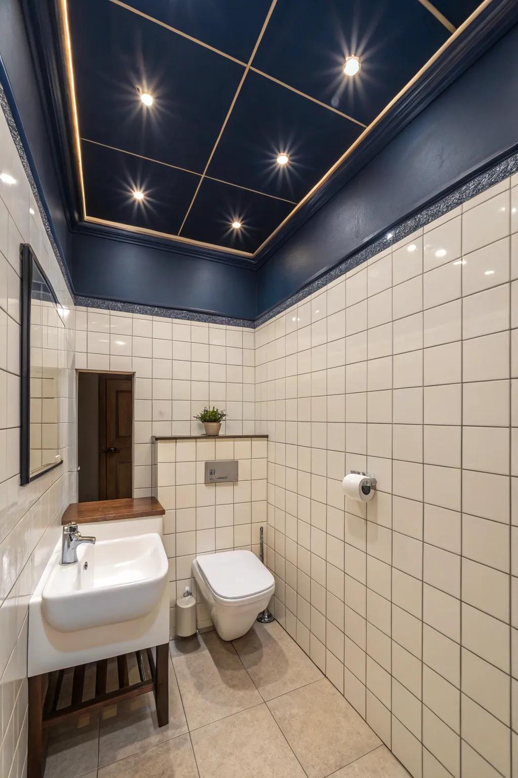 A luxurious bathroom enhanced by a dark blue ceiling.