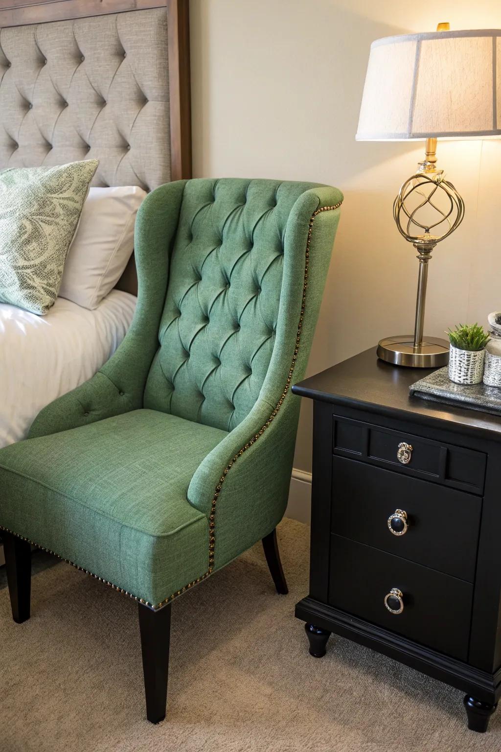 A green button-tufted chair introduces a pop of color.