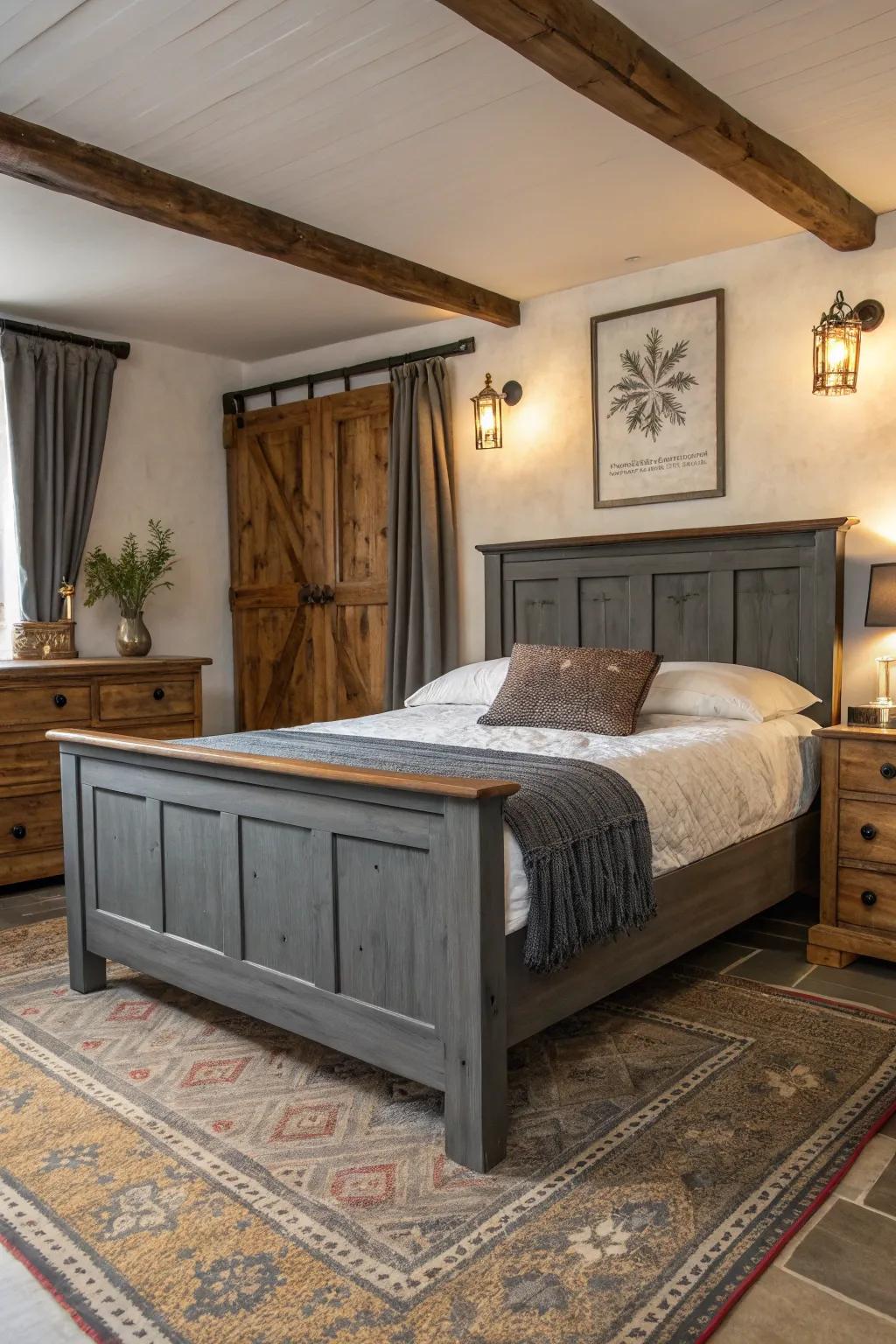 Country wooden components complement the modern grey bed frame.