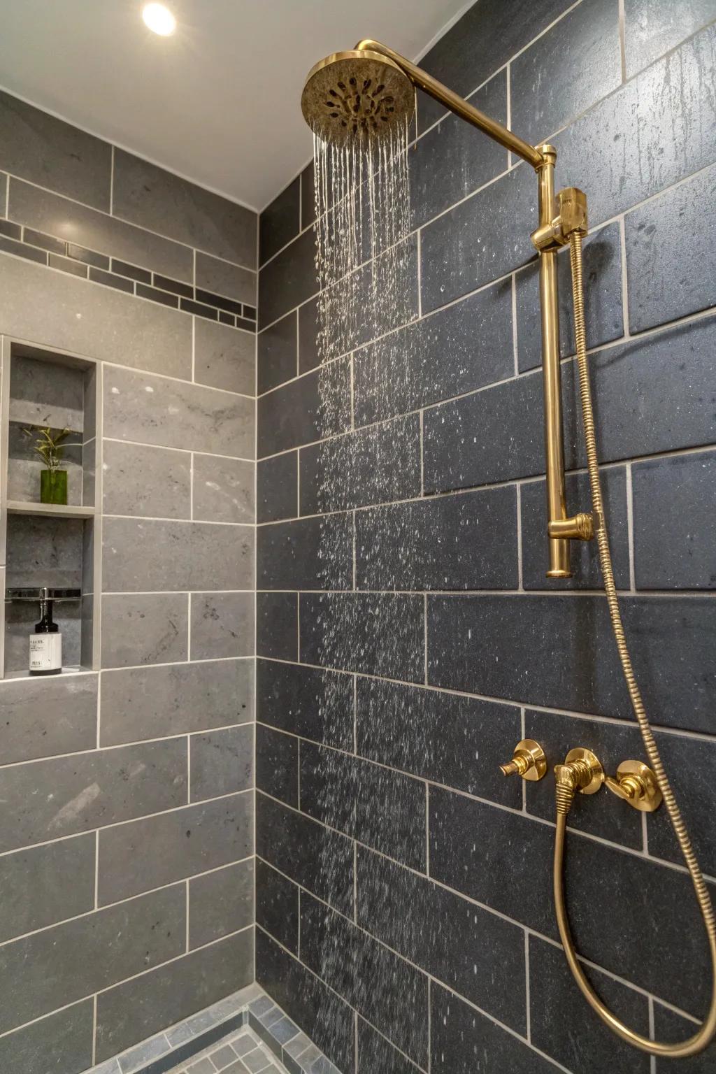 Metal hardware complements the modern beauty of deep charcoal tiles.