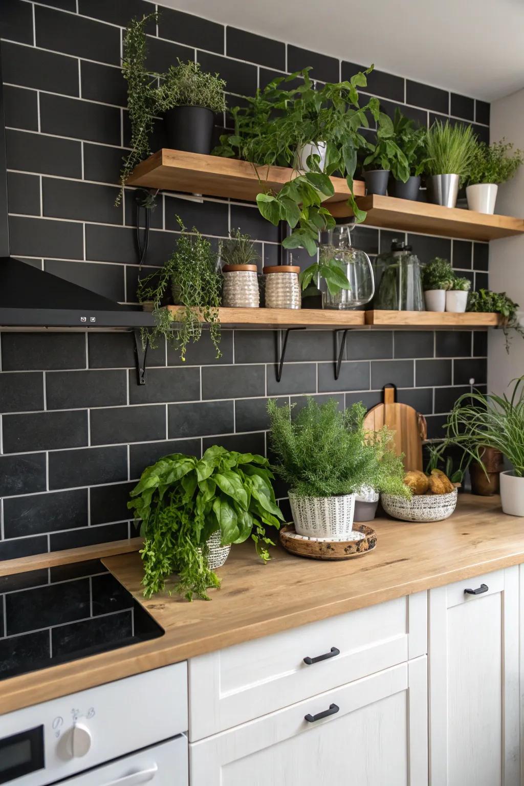 A kitchen where natural elements complement a deep-toned backsplash.