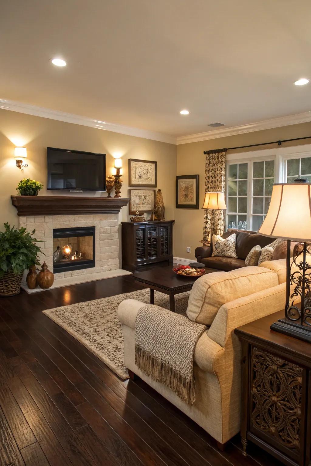 Warm neutral tones create a cozy ambiance in combination with dark wood floors.