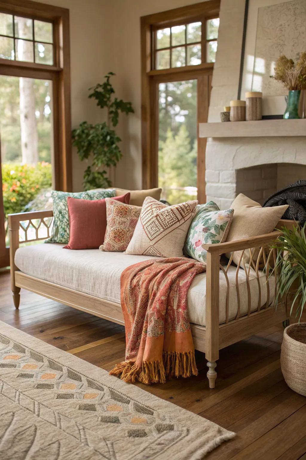 Throws and cushions add warmth and flair to a daybed.
