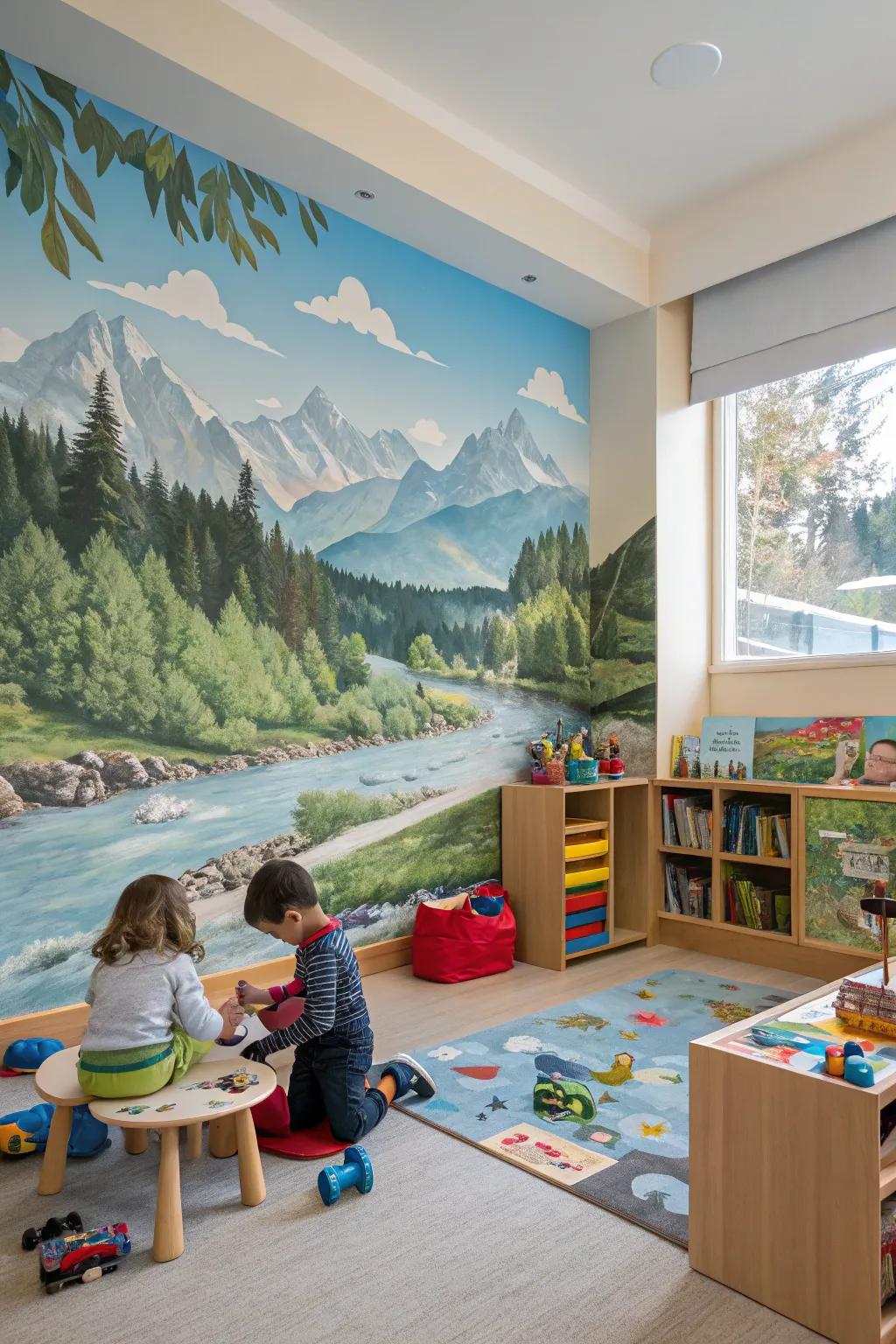 An adventurous daycare area with outdoor-themed wallcovering.