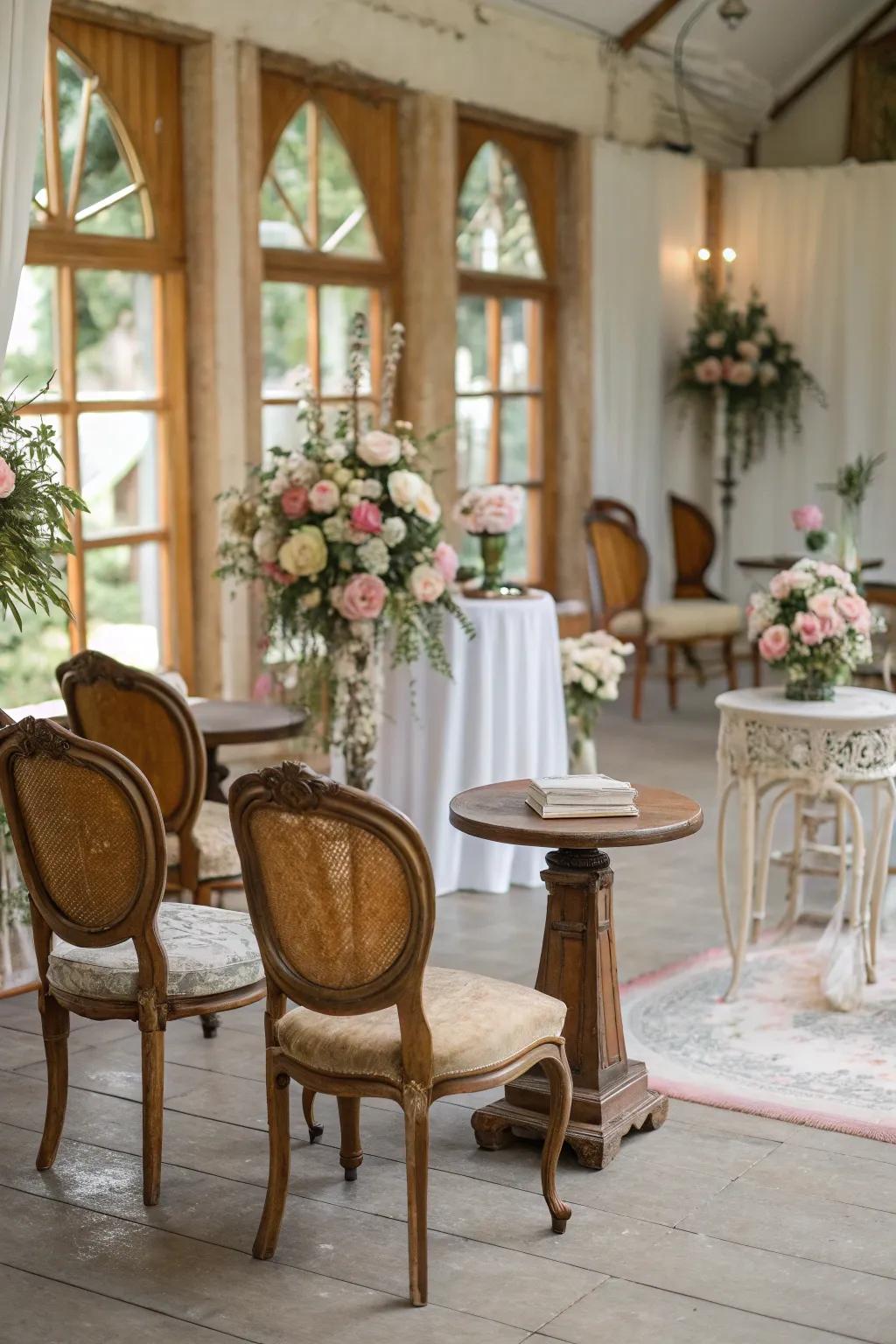 Charming vintage decor imparting character to a ceremony venue.