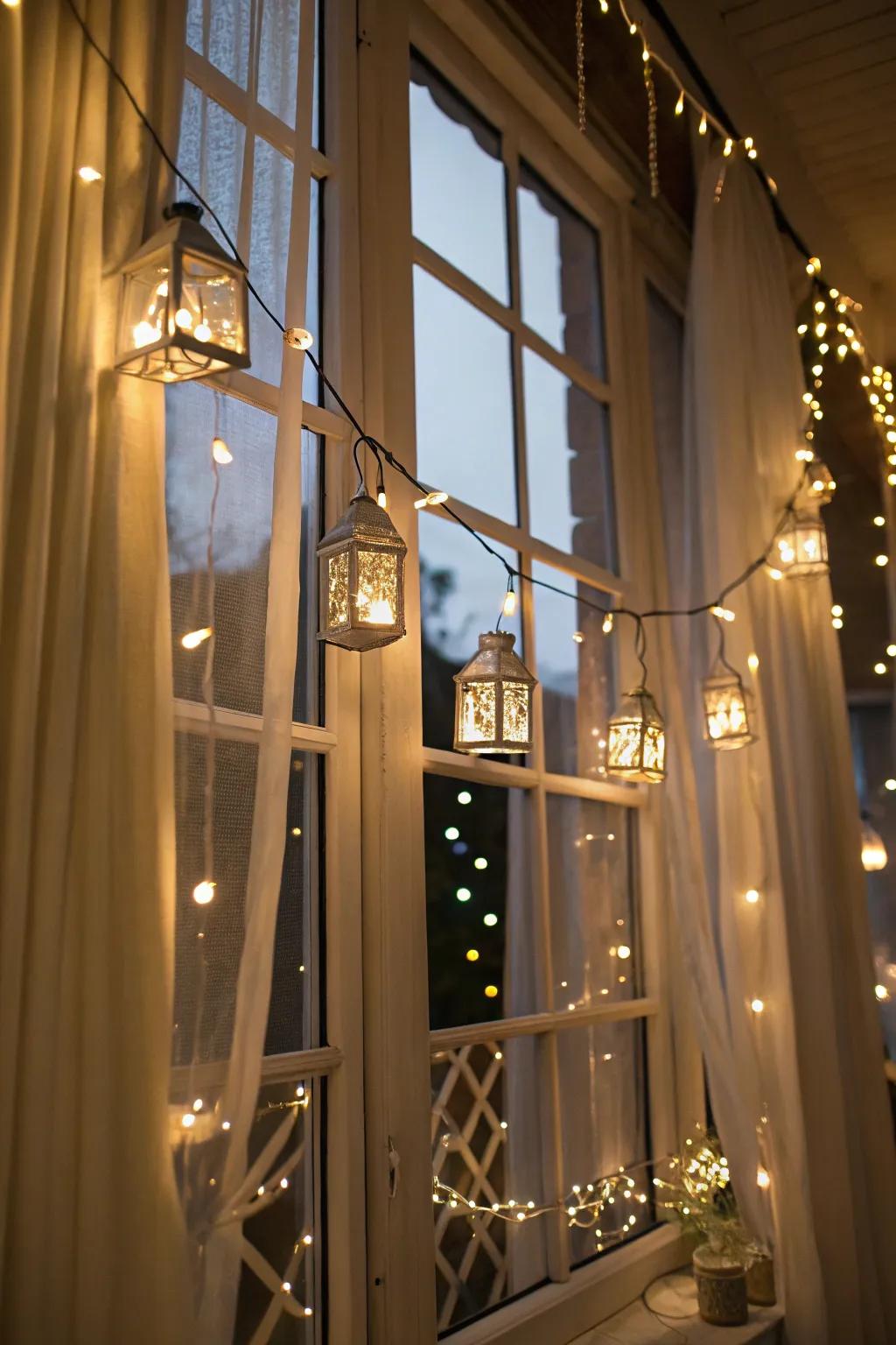Lighting adds a warm and dreamy glow to windows.