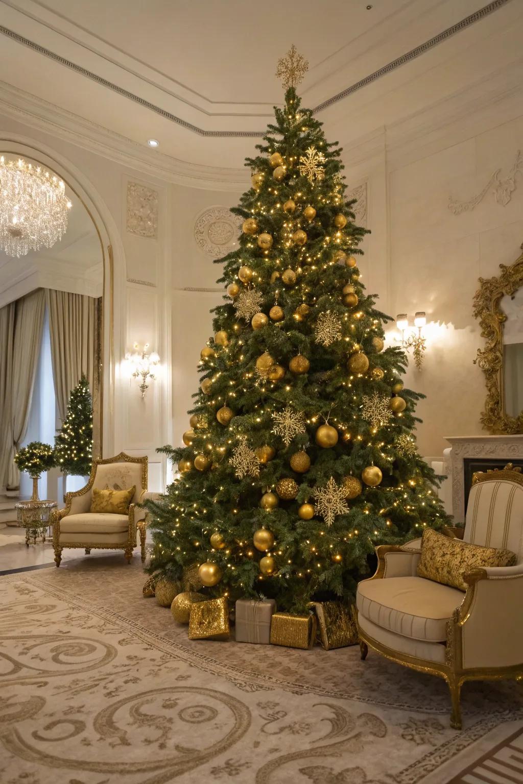A lavish gilded-themed Yuletide tree using shimmering lights and decorations.