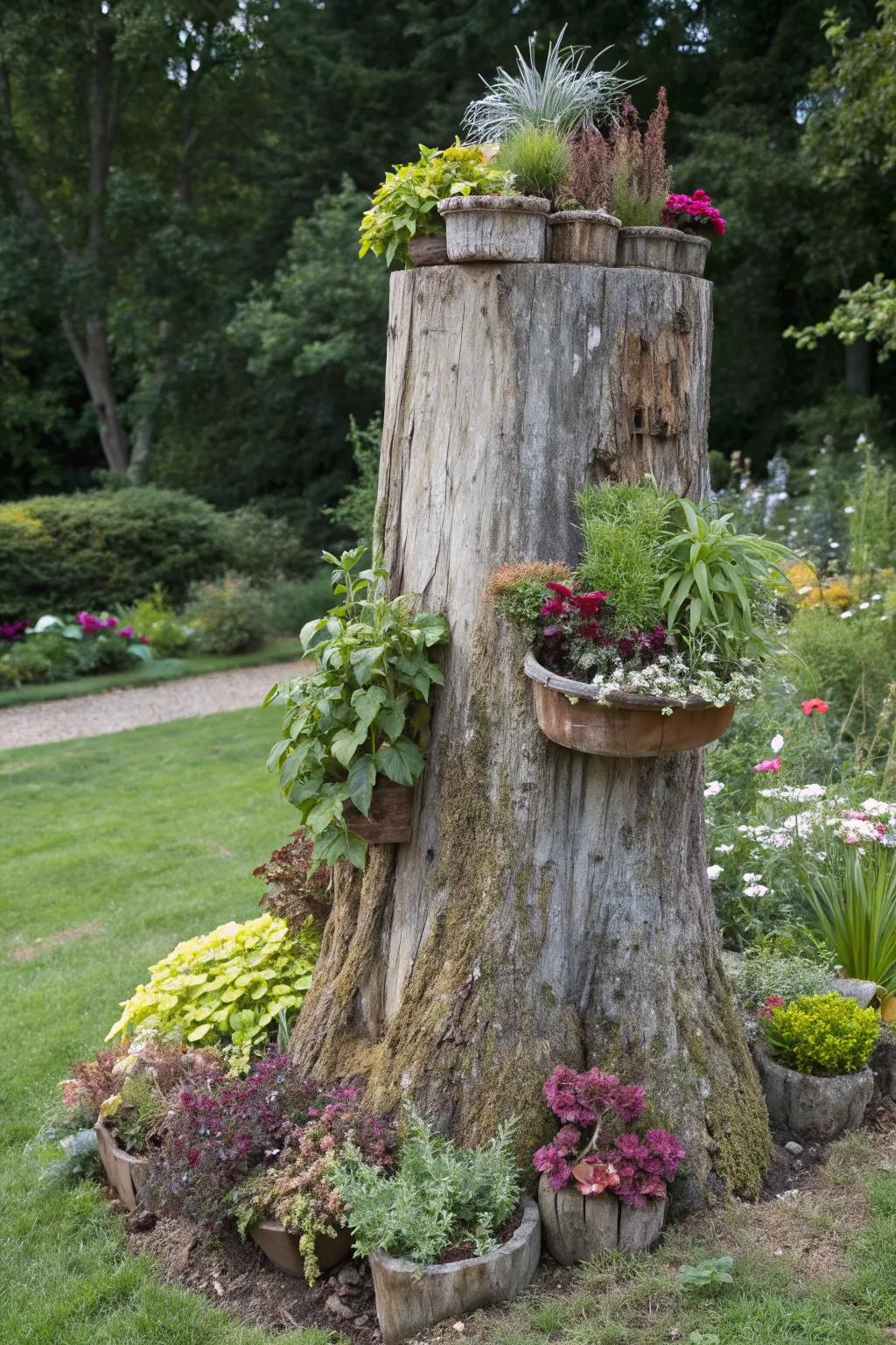 Add dimension with container plants on a tree stump.