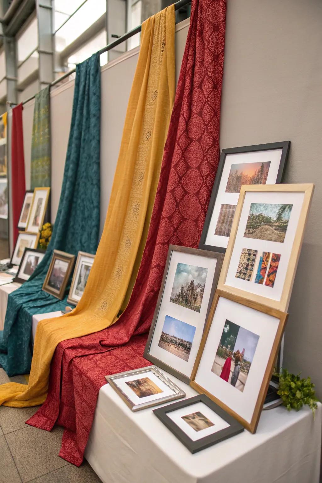 Fabric backdrops make picture frames stand out by adding texture.