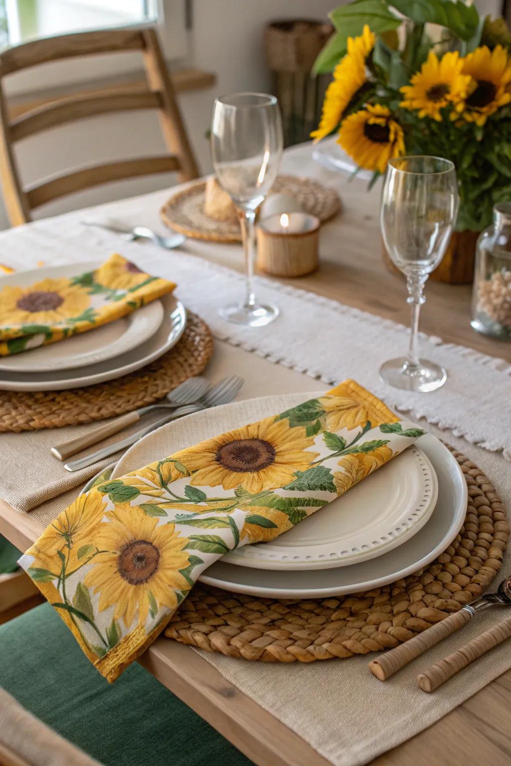 Napkins featuring sunflowers bring a playful element to any dining setting.