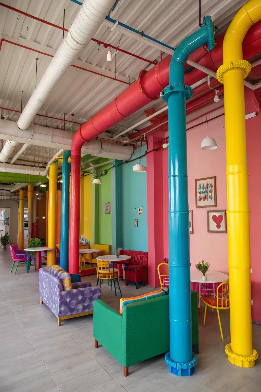 Vibrant painted plumbing introduces a pop of color.