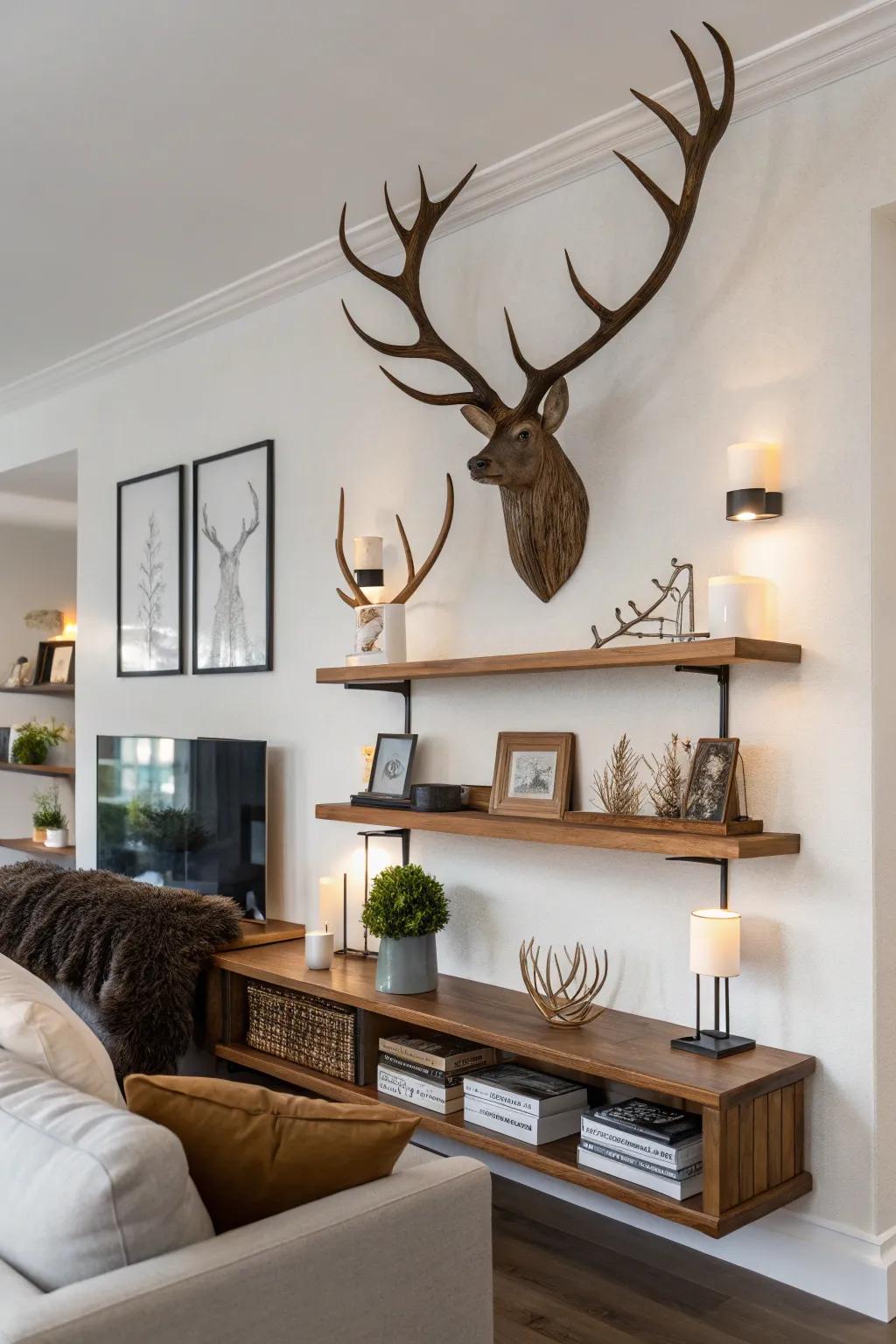 A floating shelf tastefully showcases deer antlers and various decorative accents within a modern living space.