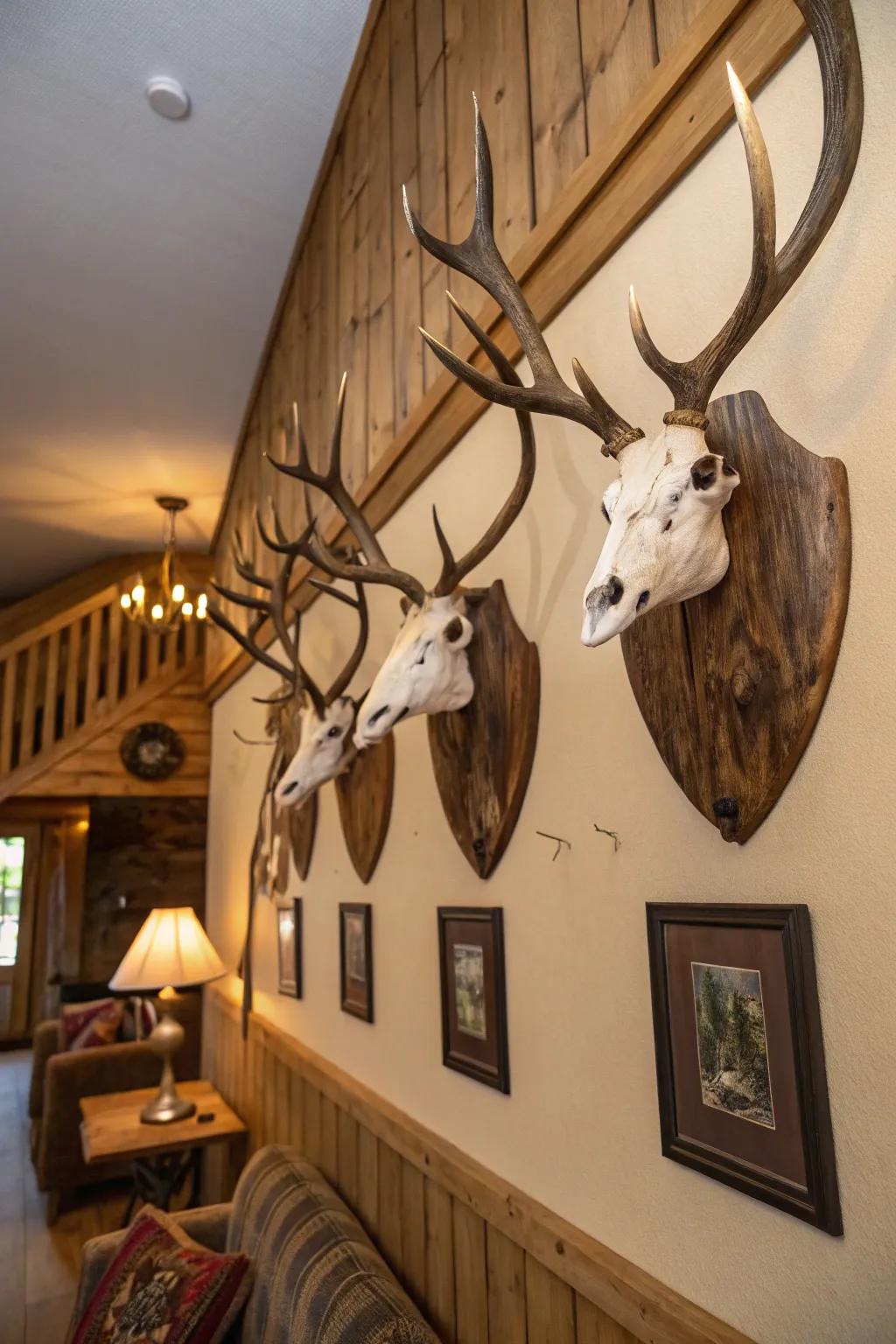 A collection of country-style panels establishes a cohesive exhibit of deer skulls.