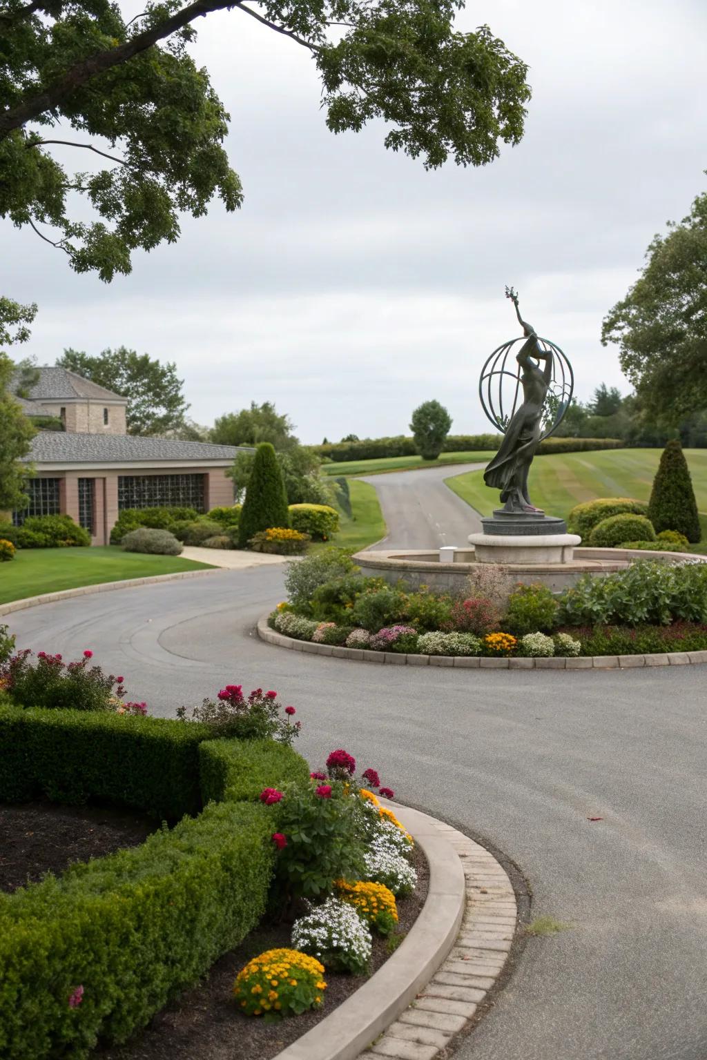 A stunning sculpture claims the spotlight, infusing a personal element into this sophisticated driveway.