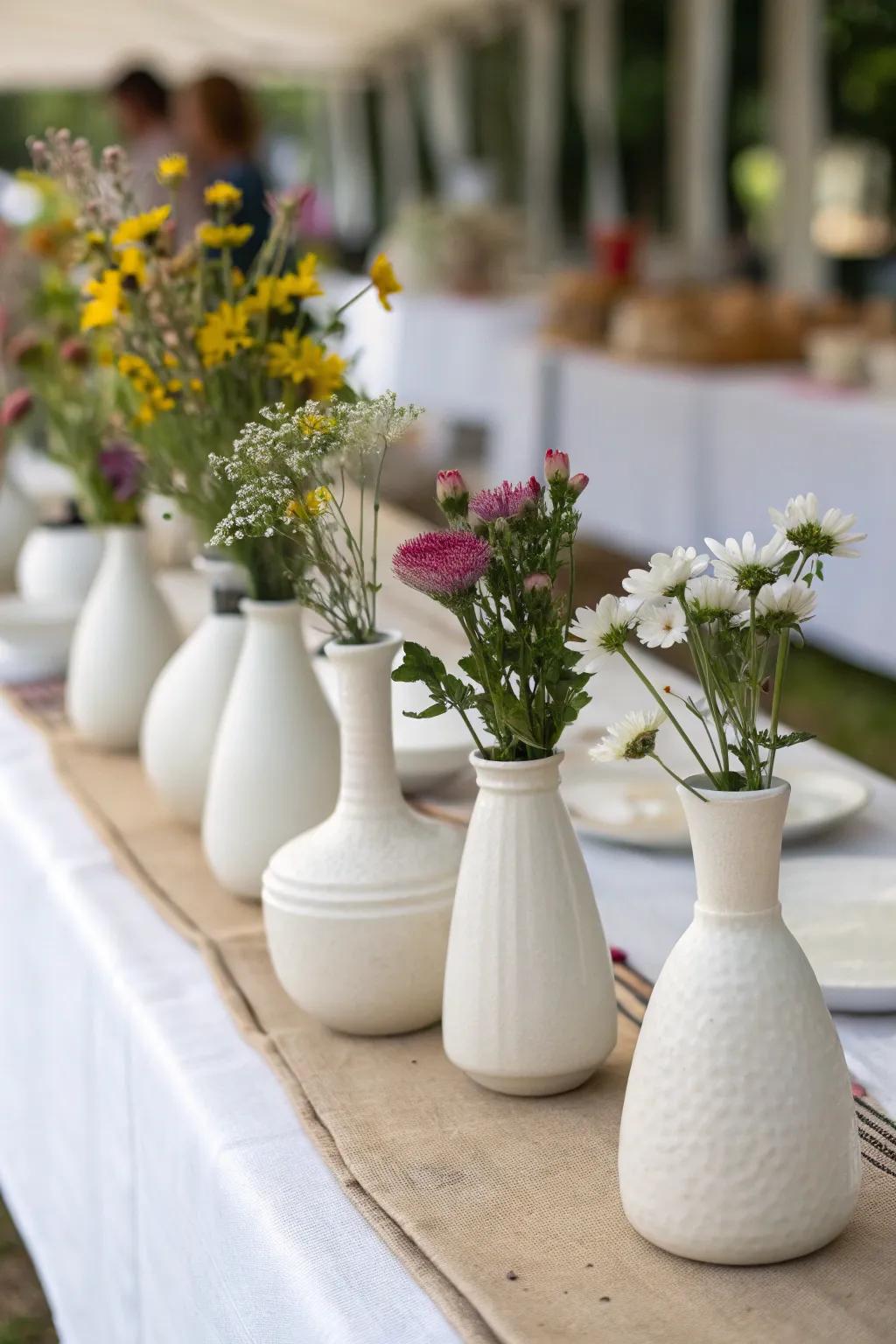 Ivory stoneware vessels deliver a contemporary nuance to centerpieces.