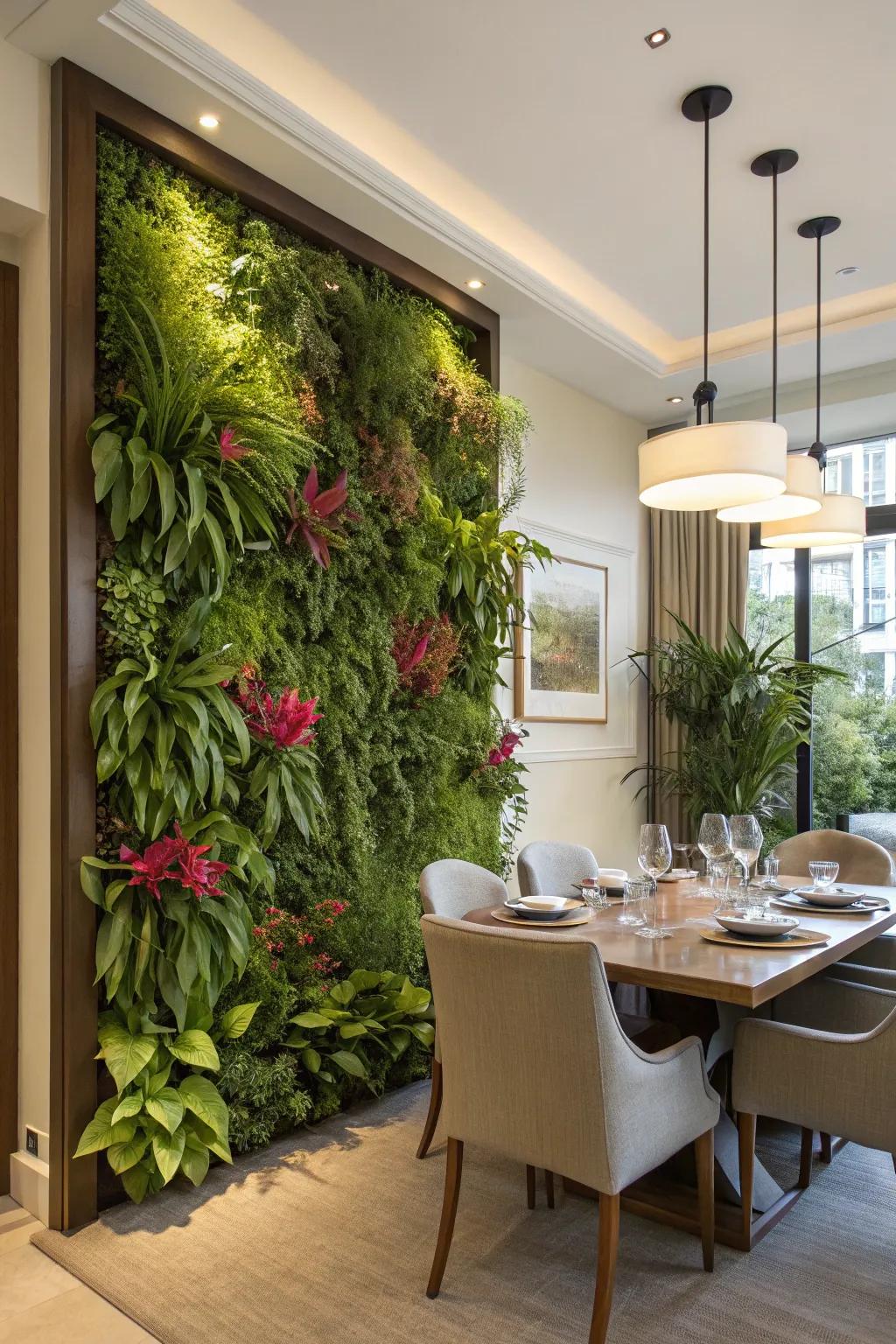 Vertical gardens add greenery and serenity to dining spaces.