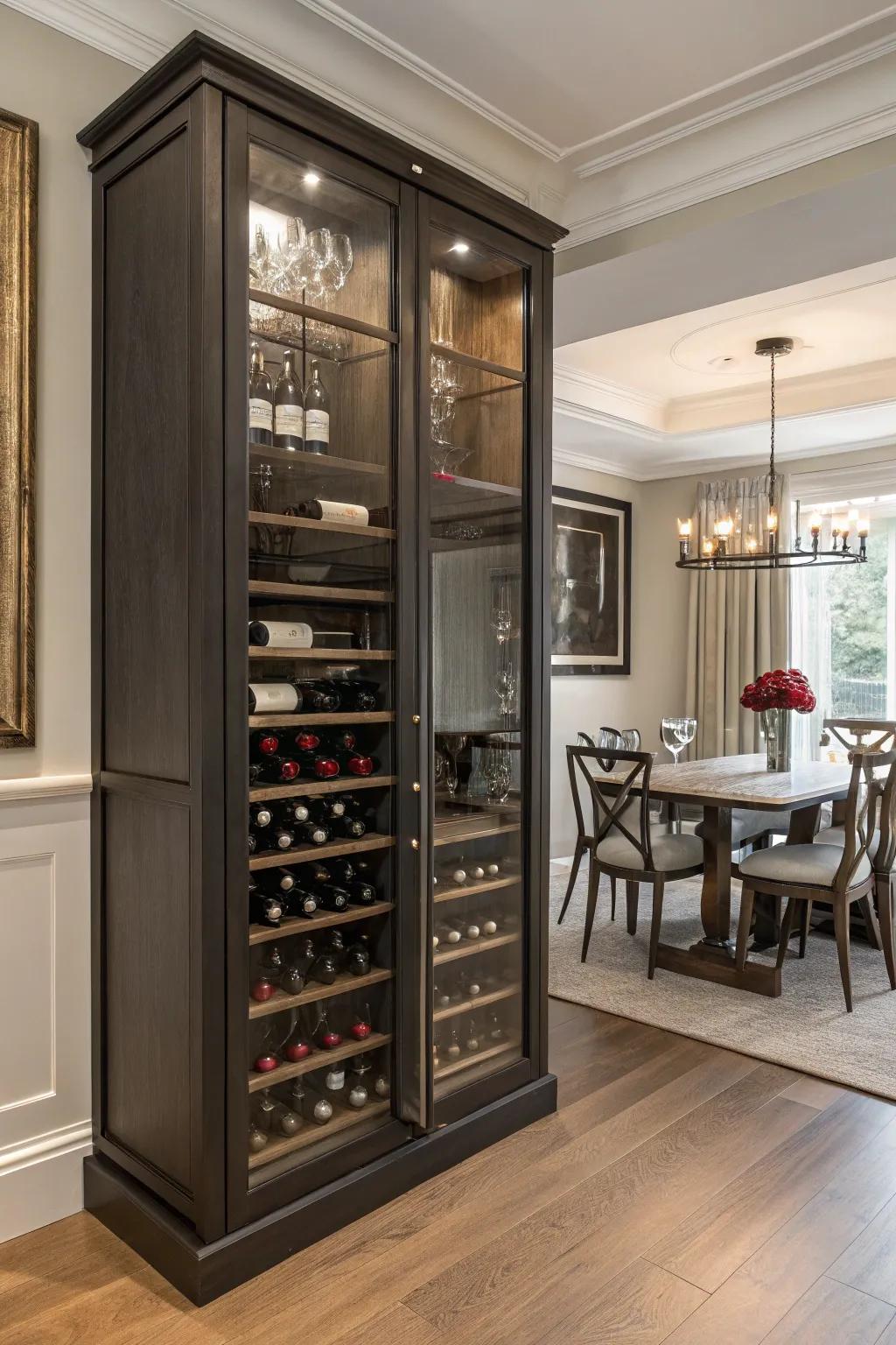A wine rack in the cabinet blends style with functionality.