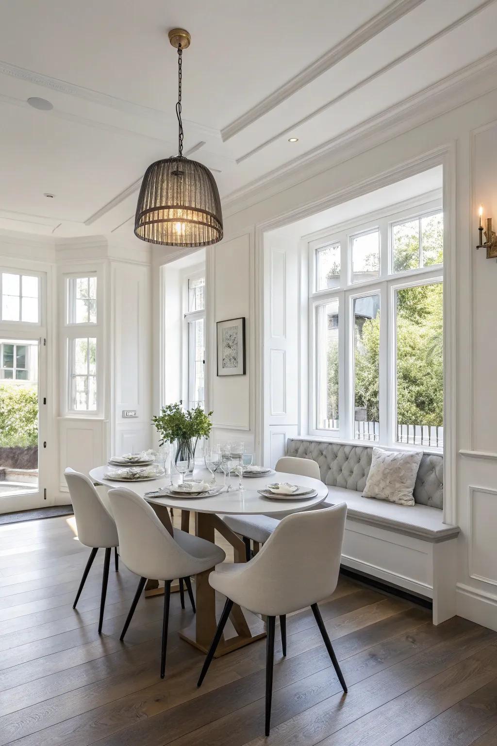 An open and fresh dining space accentuated by understated whites.