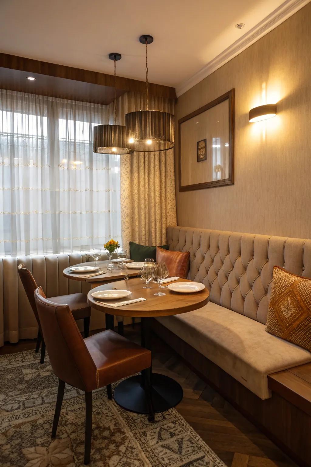 Bench seating maximizes space and introduces a cozy element.