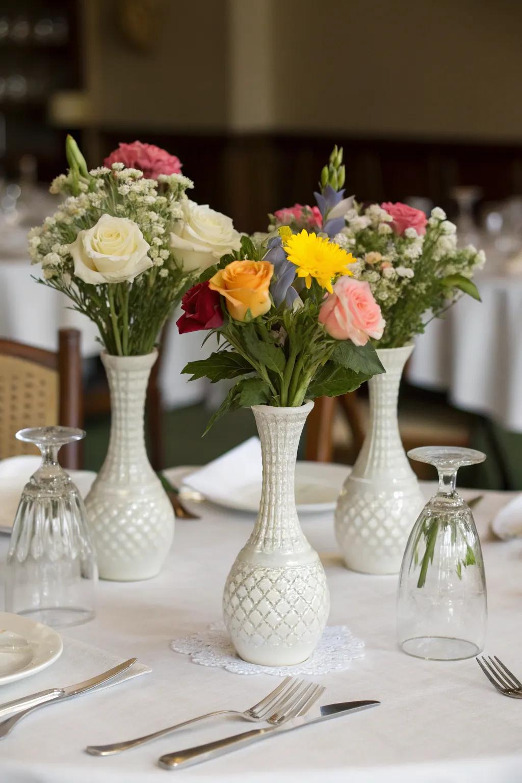 A dining table showcasing an elegantly arranged trio of vases.