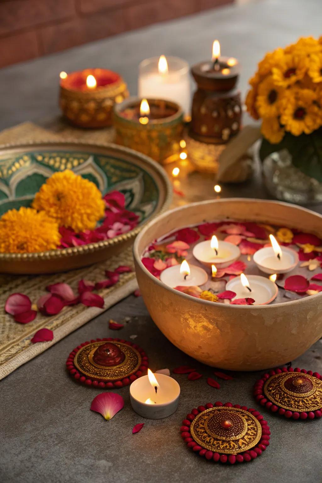 Floating candle bowls with flower petals make a mesmerizing effect on the Diwali table.