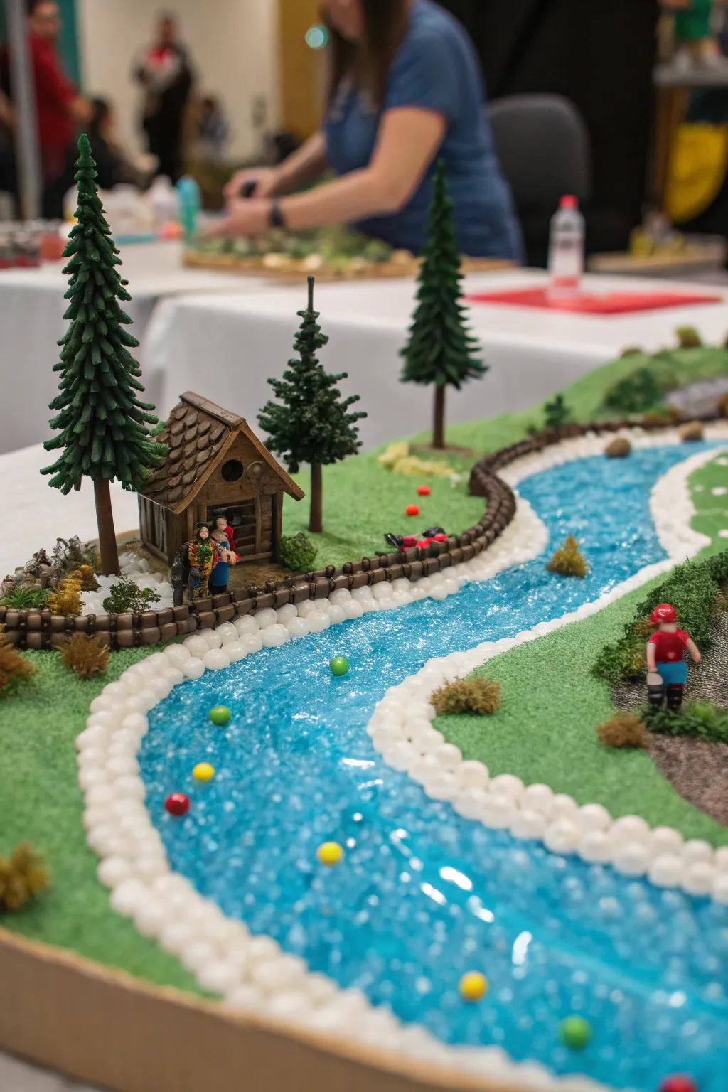 A shimmering watercourse composed of water-absorbing beads meanders through the Golu presentation.