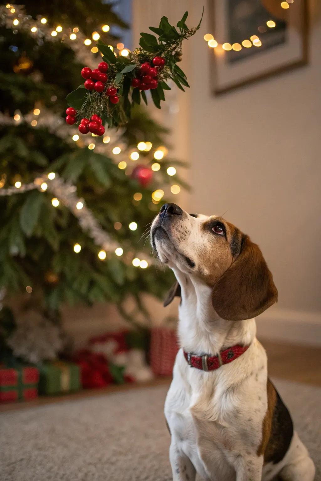 Awaiting a holiday peck beneath the evergreen bough.