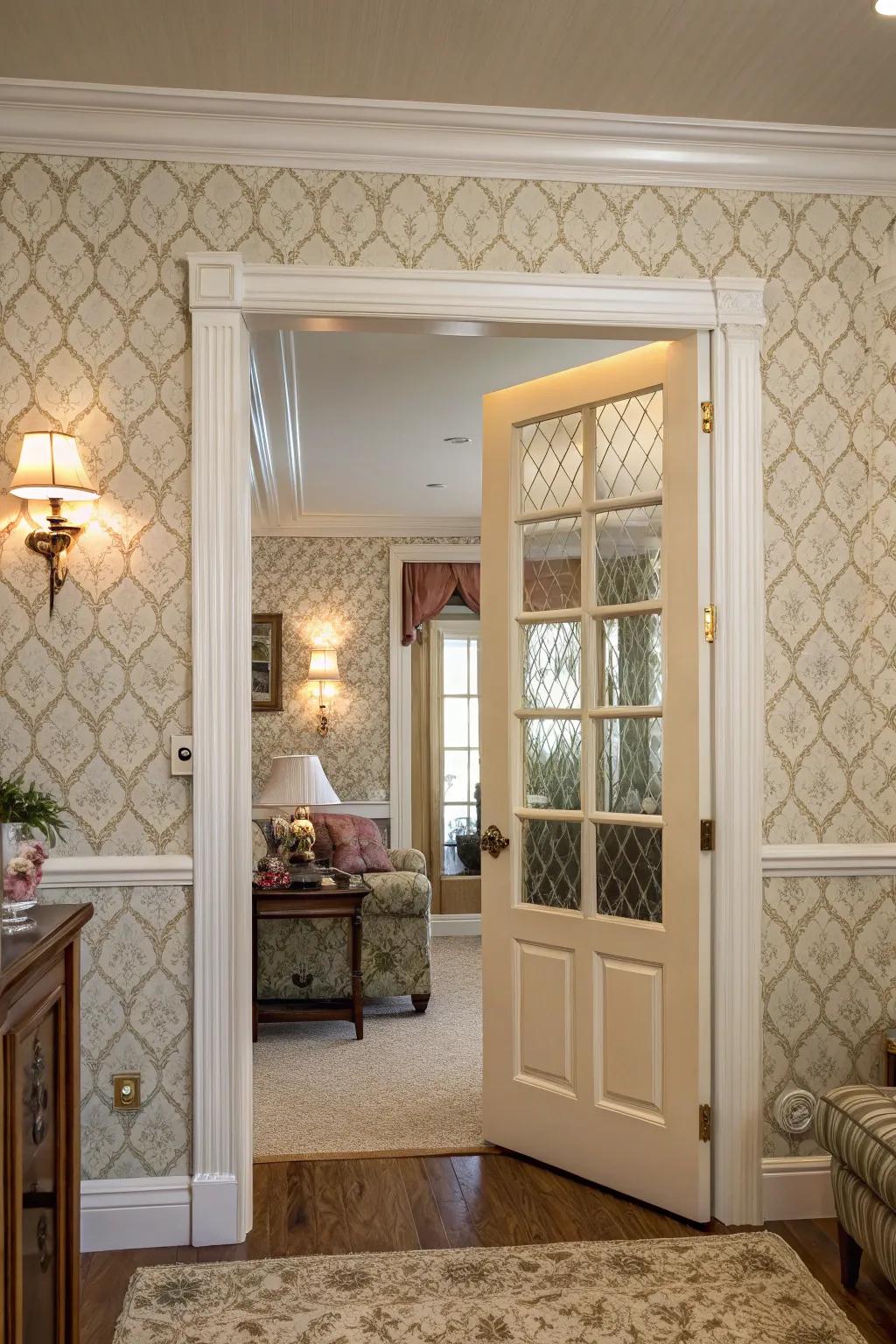 Achieve a consistent design by extending wall coverings onto your doors.