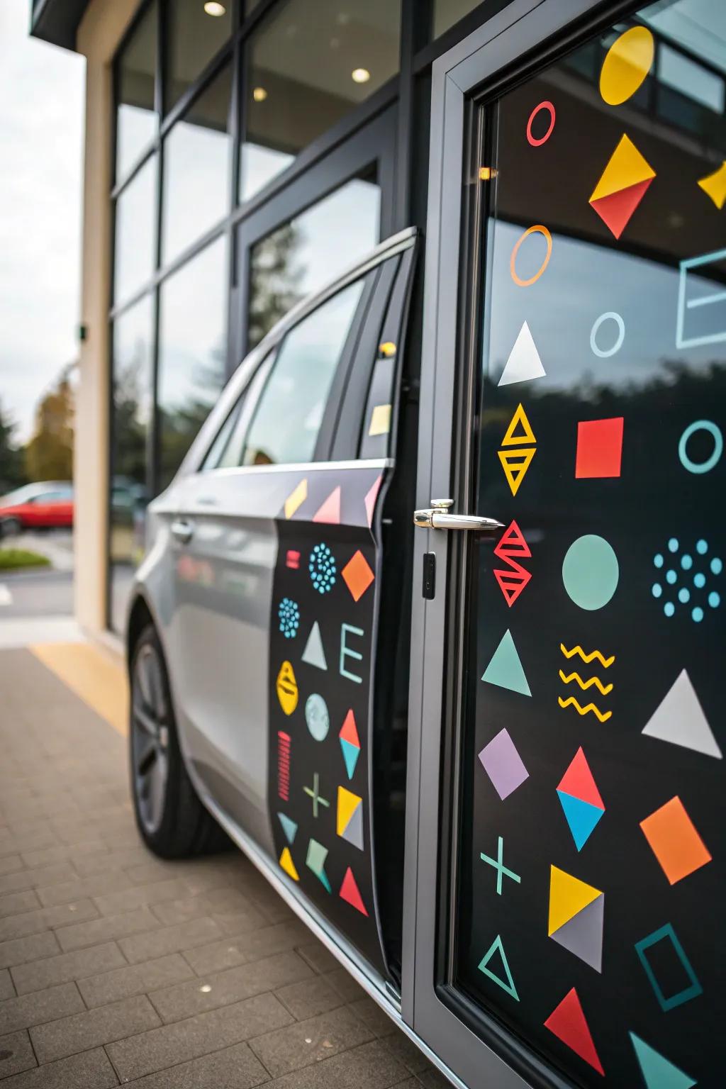 Patterned graphics provide a modern twist to door decoration.