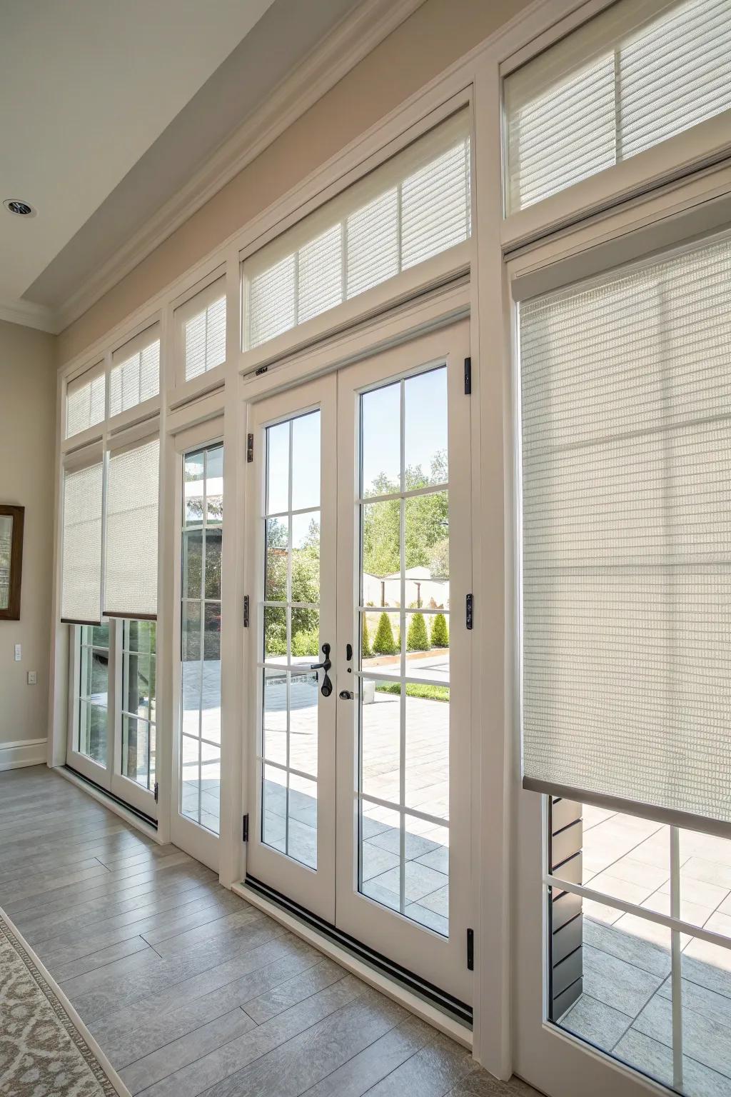 Panel track slats are ideal for large entryway windows, offering modern design and privacy.