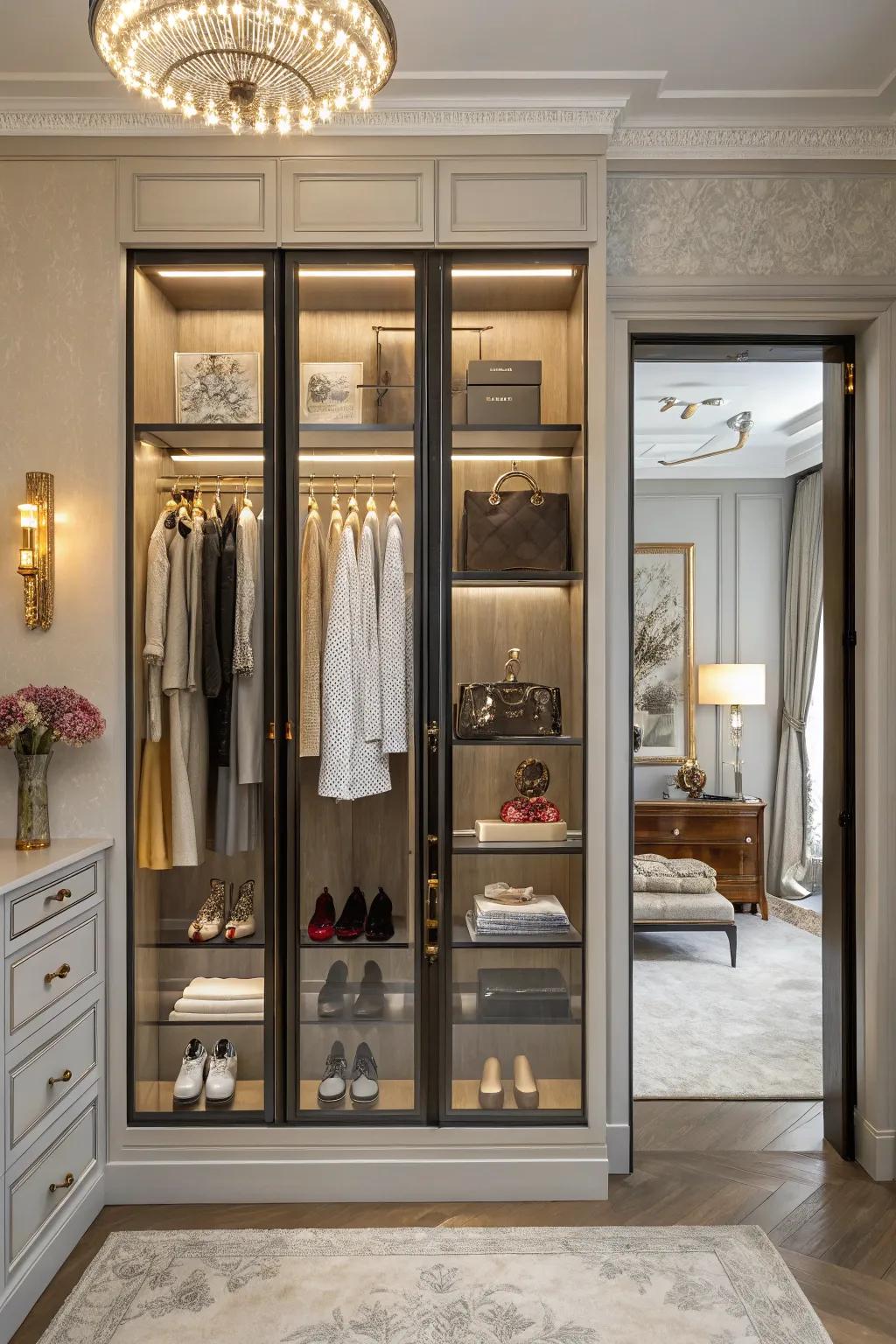 Glass doors give a double closet the appearance of a display case.