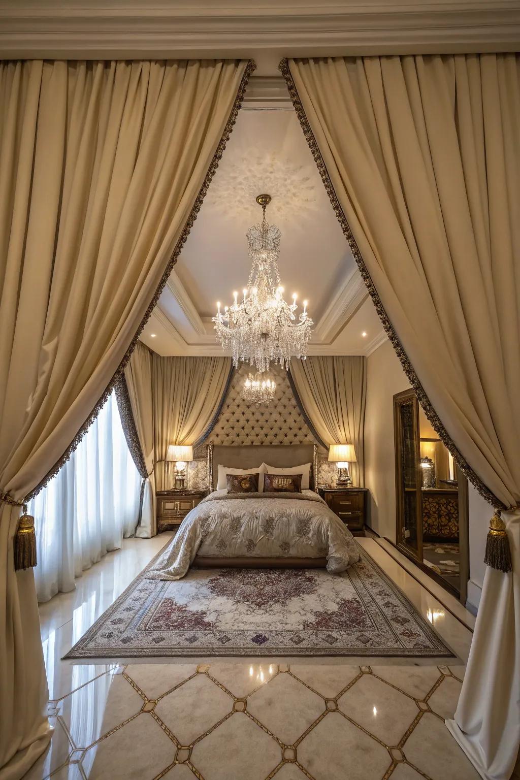 Floor-length curtains enhance this luxurious bedroom with drama and elegance.