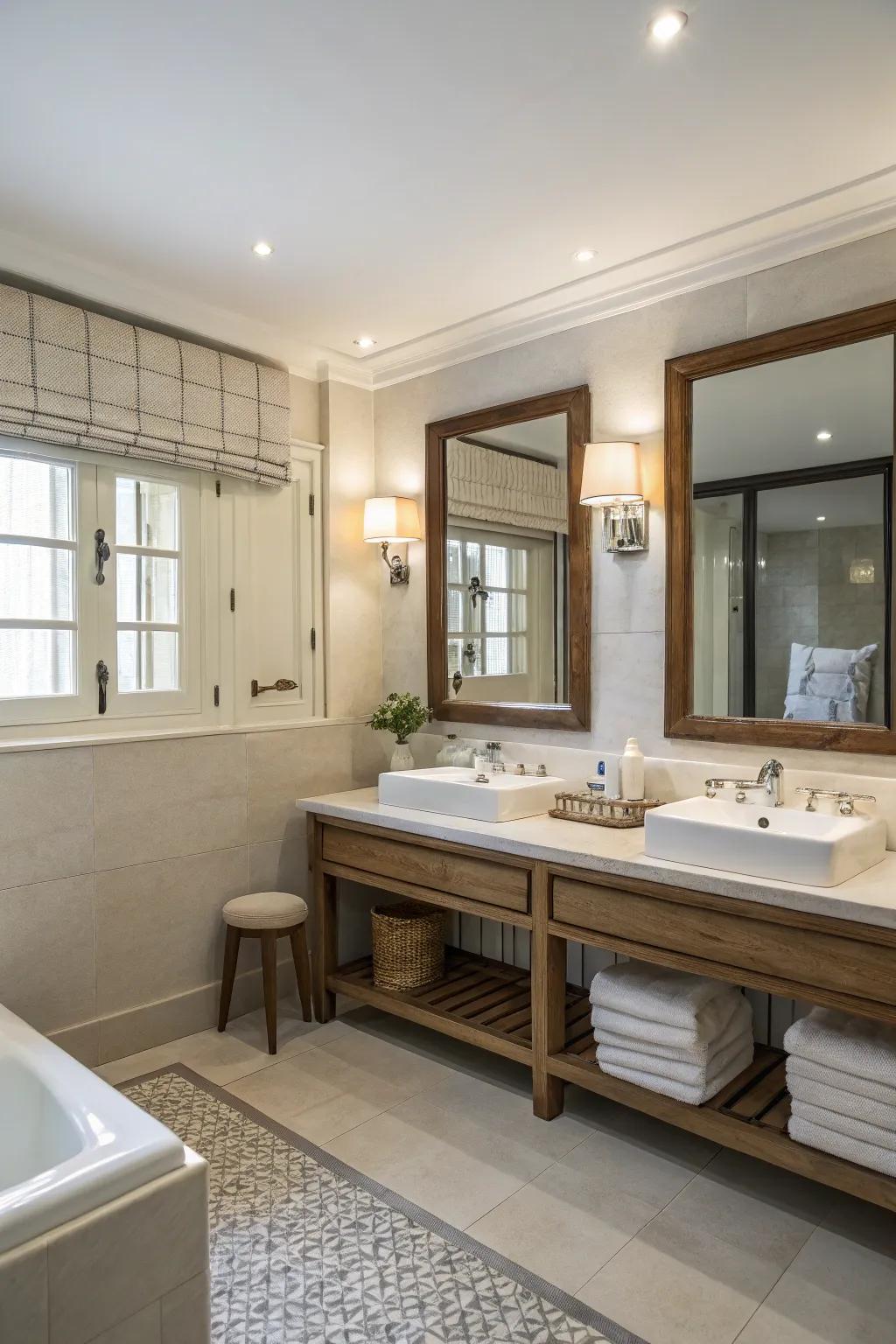 A seating area adds comfort and utility to this bathroom with double sinks.