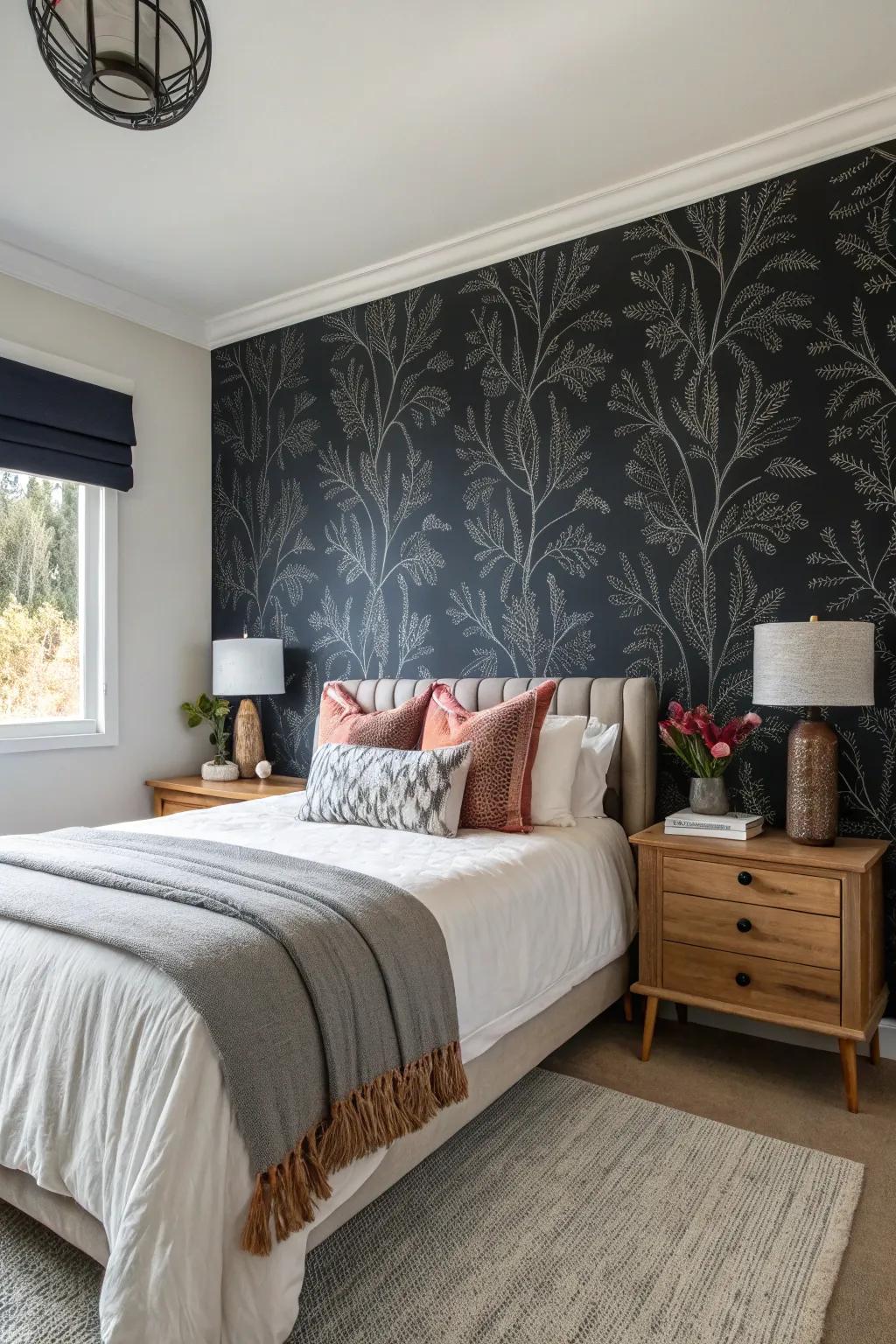 A highlighted wall clad in adventurous wallpaper injects a captivating focal aspect.