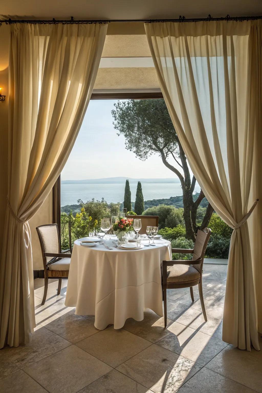 Simple drapes framing an impressive view from the dining room.
