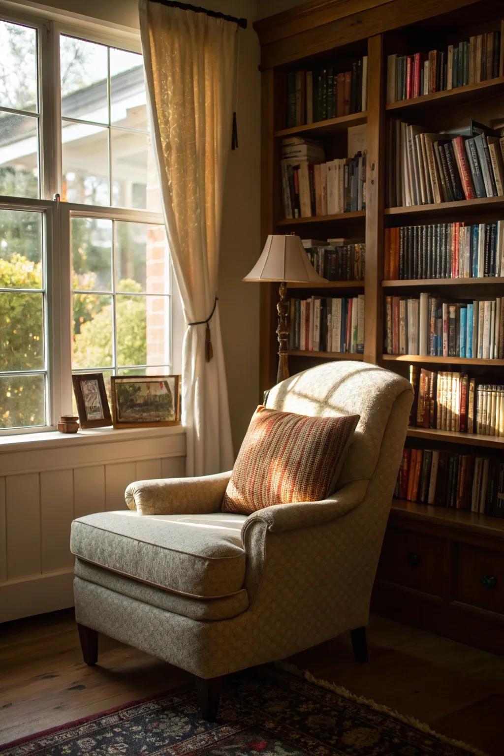 A snug reading spot featuring a comfortable chair and bookshelves.