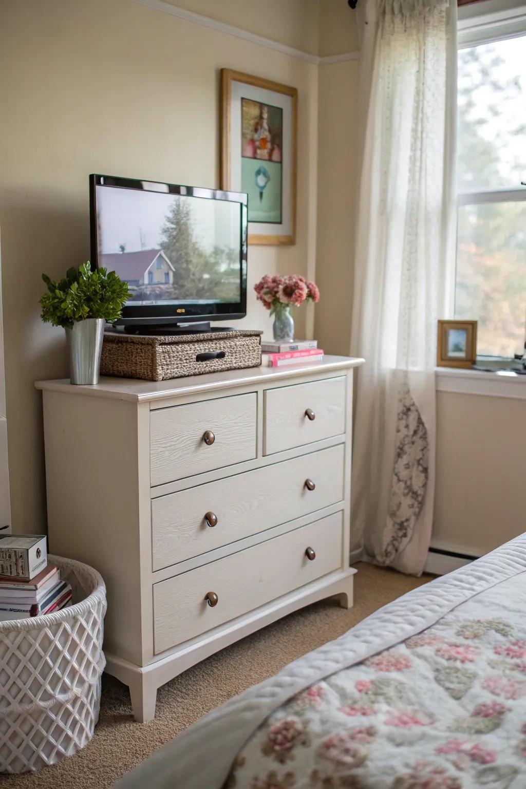 A dresser supporting a TV, merging technology with style in a small bedroom.